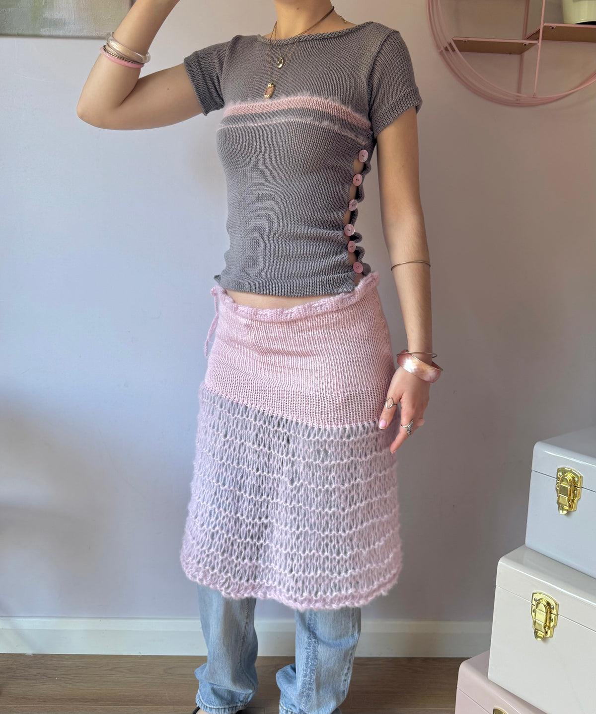 Pearl Tee in Grey & Pink (pre made in S)