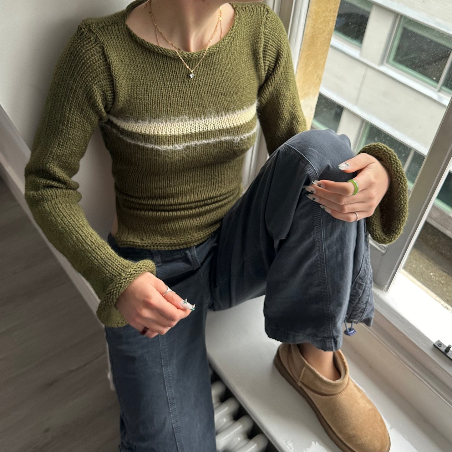 Handmade khaki green striped knit jumper - choose with or without tie up bow back