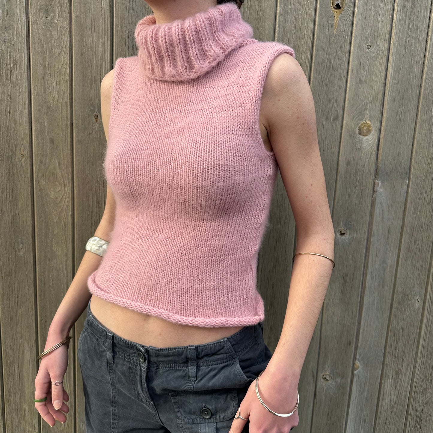 Handmade fluffy baby pink turtleneck knit vest