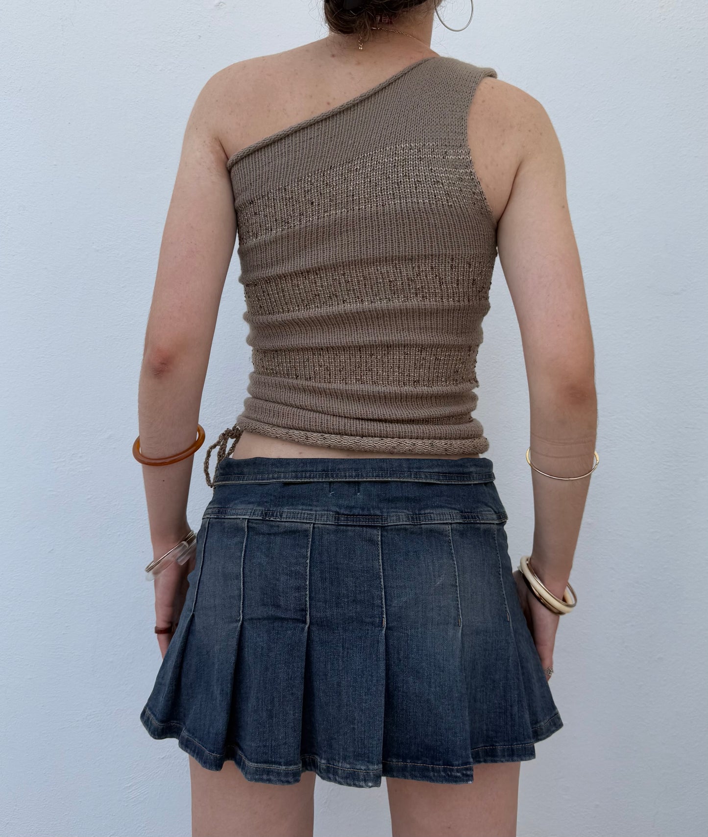 Handmade sparkly draped one shoulder knit top in gold (pre made in XS)