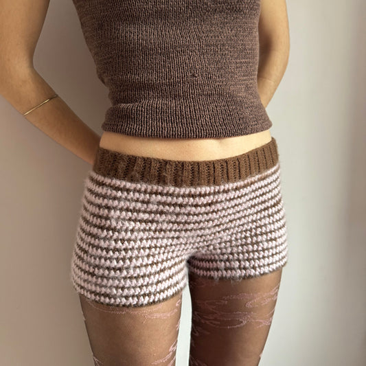 Handmade brown and baby pink mohair striped crochet shorts