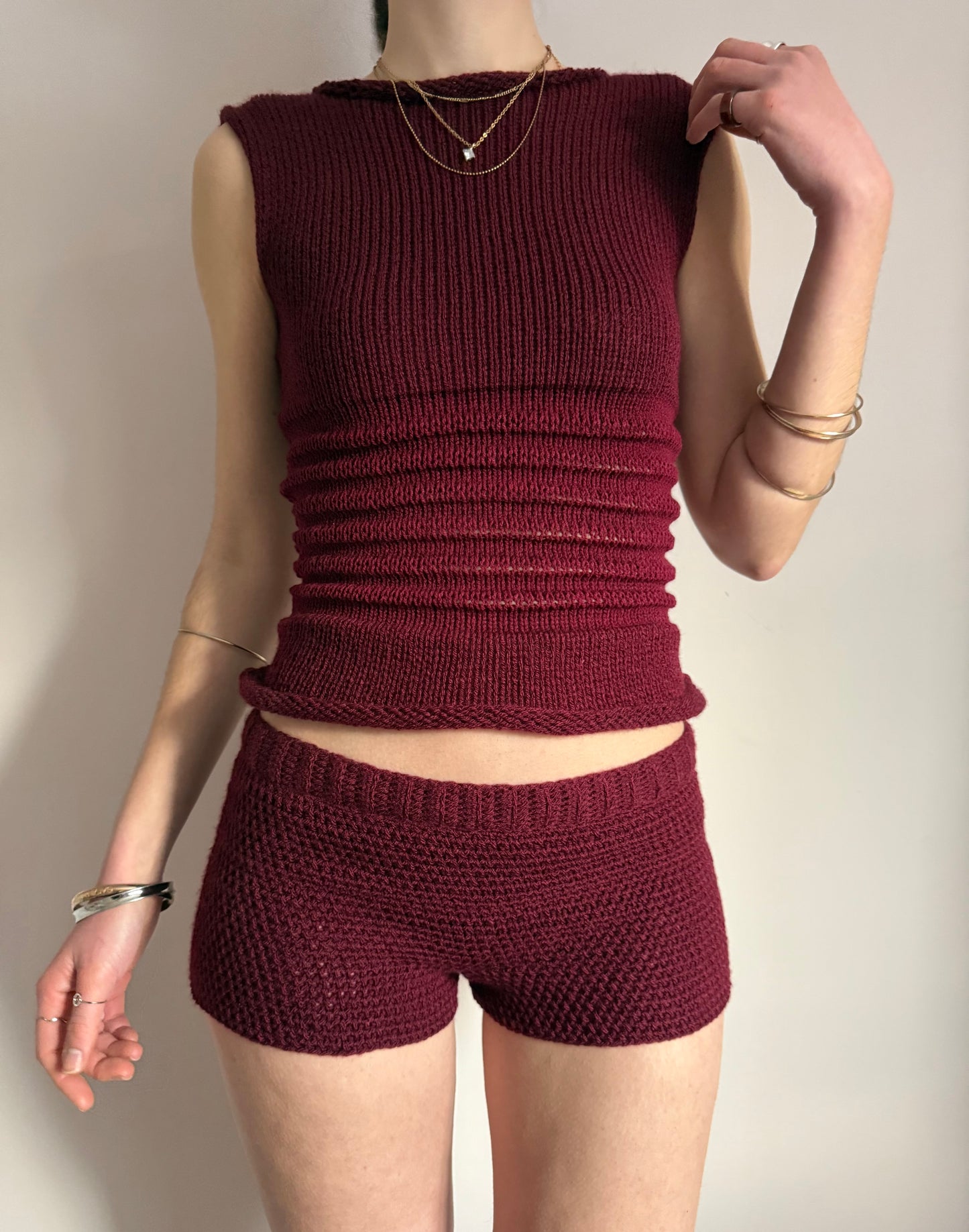 Handmade burgundy shirred knitted vest