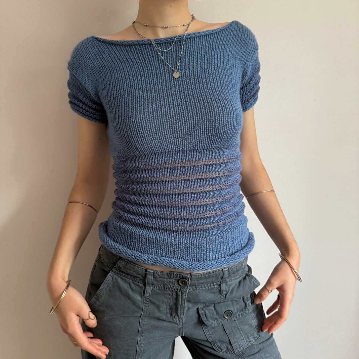 The Ripple Tee - handmade denim blue shirred top