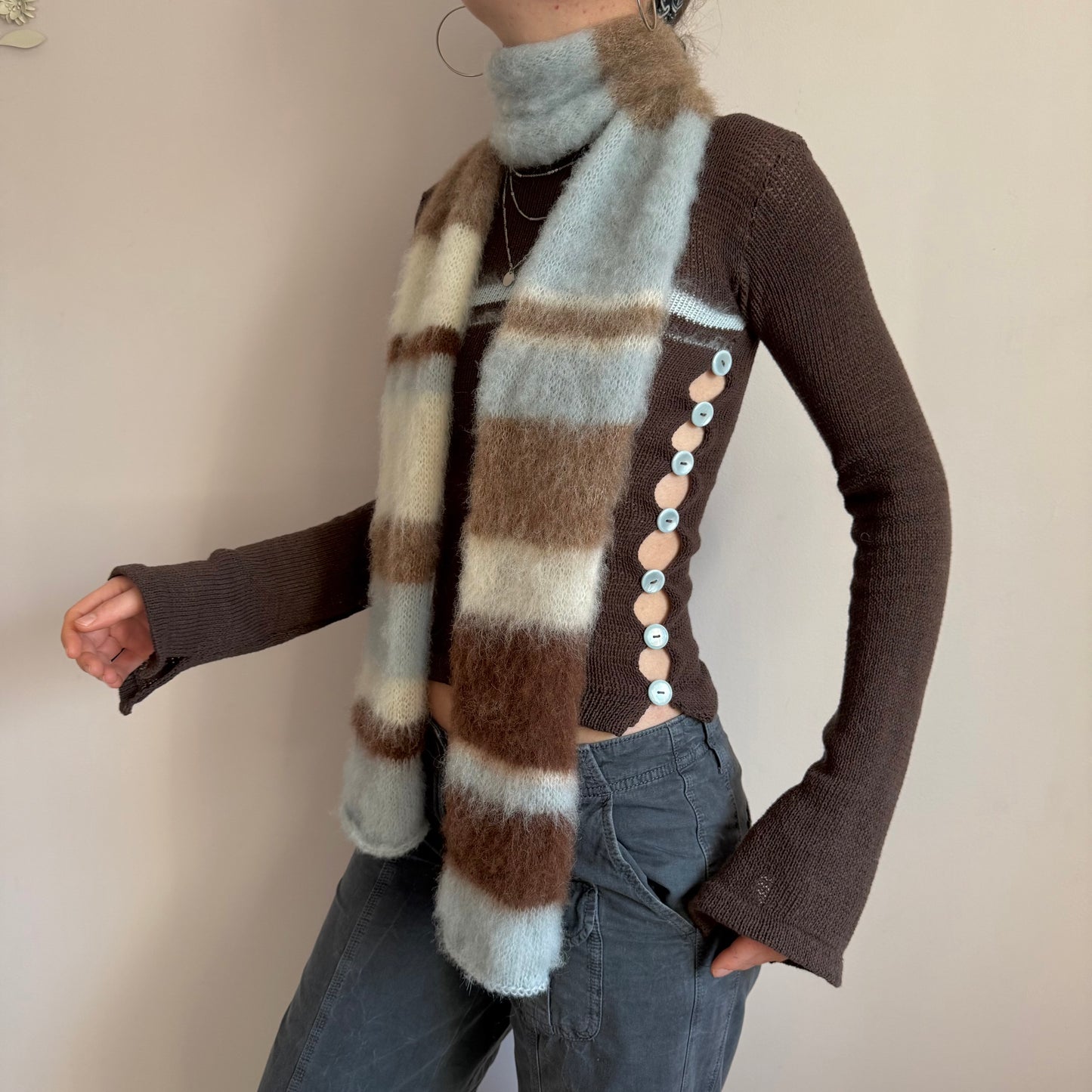 Handmade fluffy baby blue, cream and brown striped scarf - made to order