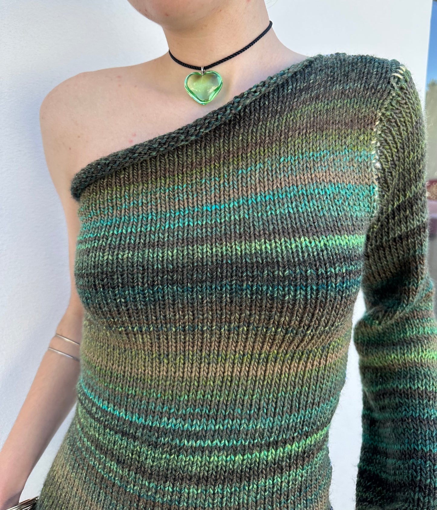Green ombré one sleeve knitted mini dress (pre made in S)
