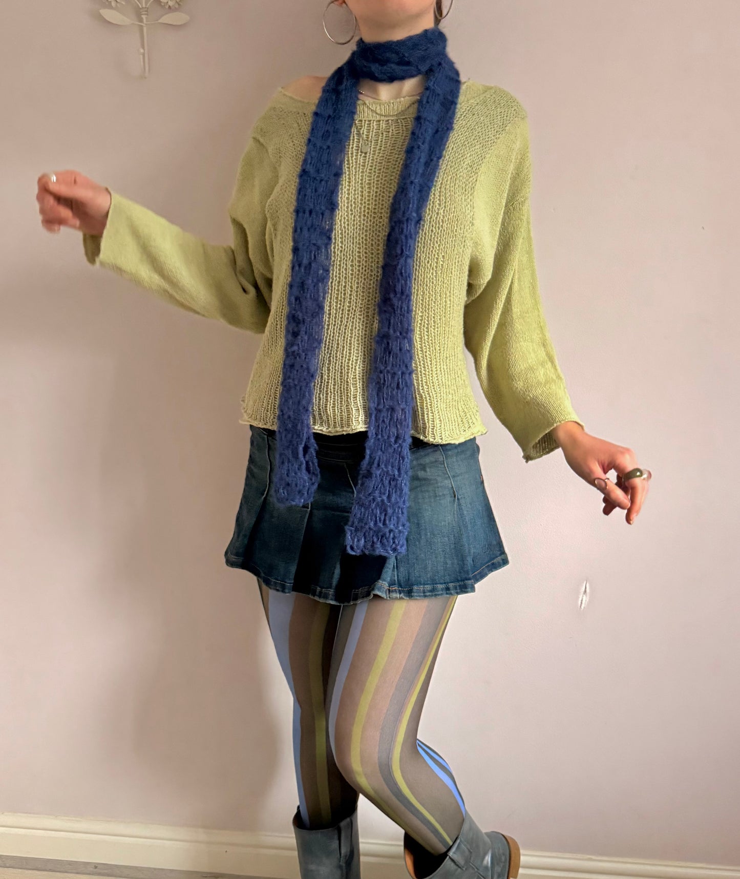 Handmade mohair fishnet knitted scarf in navy blue