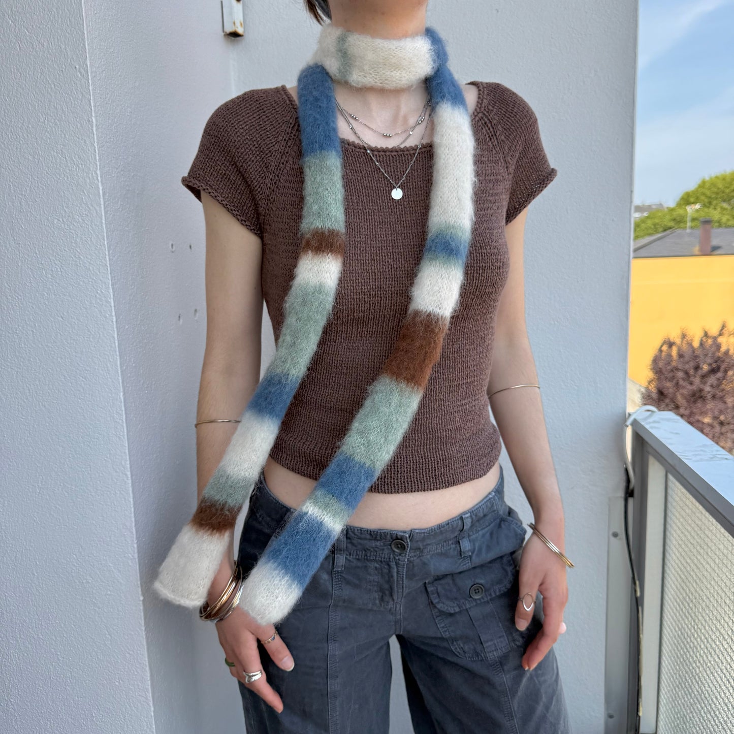 Handmade cream, sage green, brown and denim blue fluffy striped skinny scarf 🌿