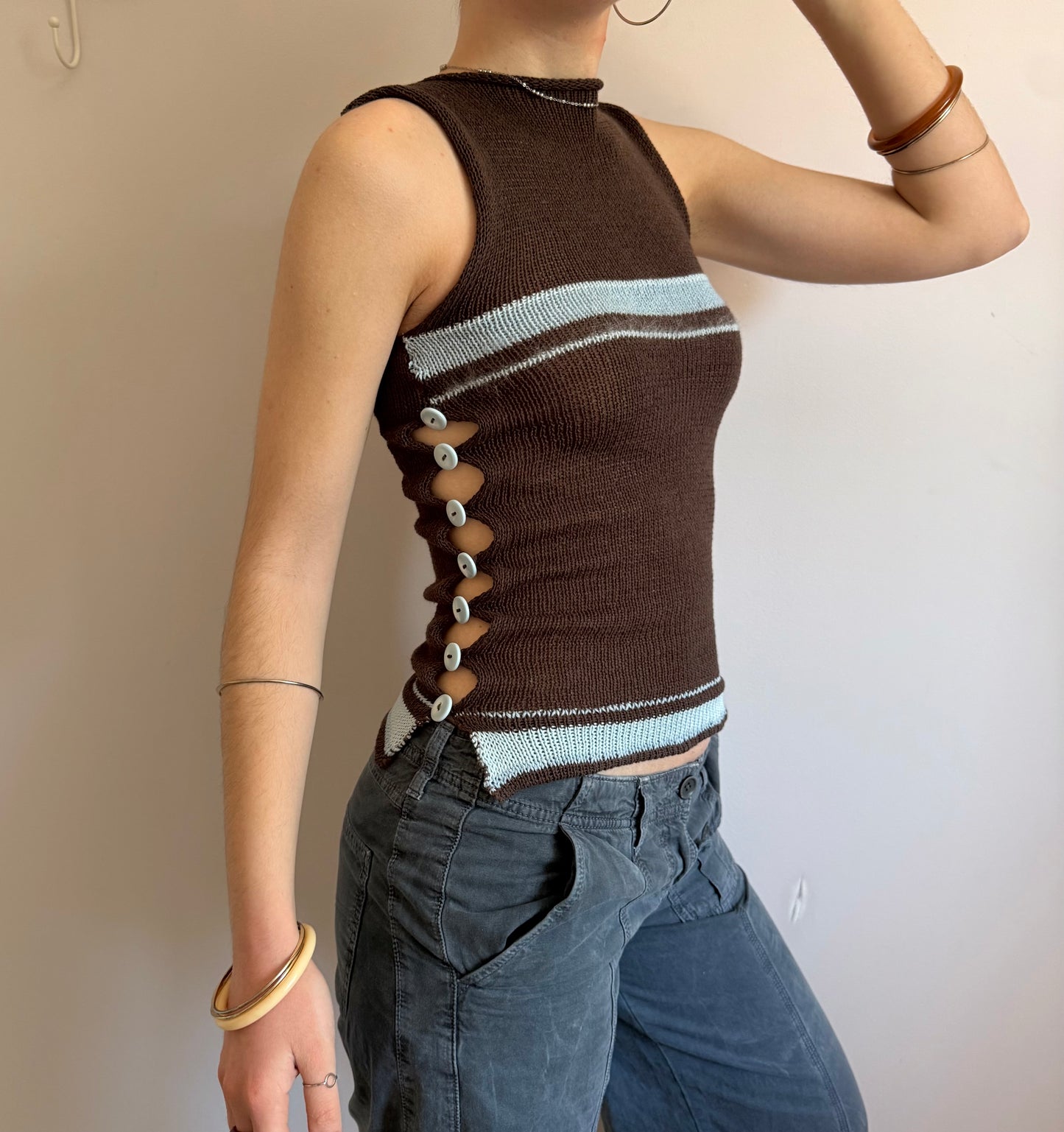 Striped Pearl Vest in brown and baby blue