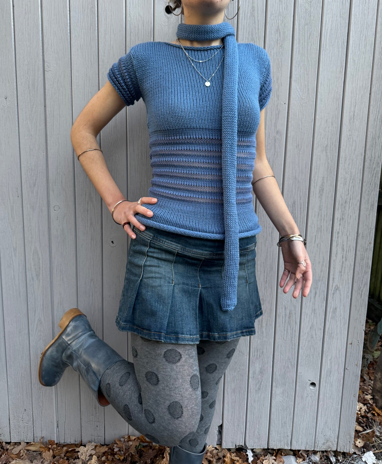 Handmade knitted skinny scarf in denim blue - pre made