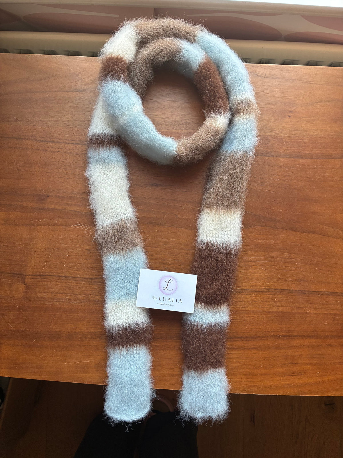 Fluffy striped knit scarf - Baby Blue, Cream & Brown (pre made in skinny width)