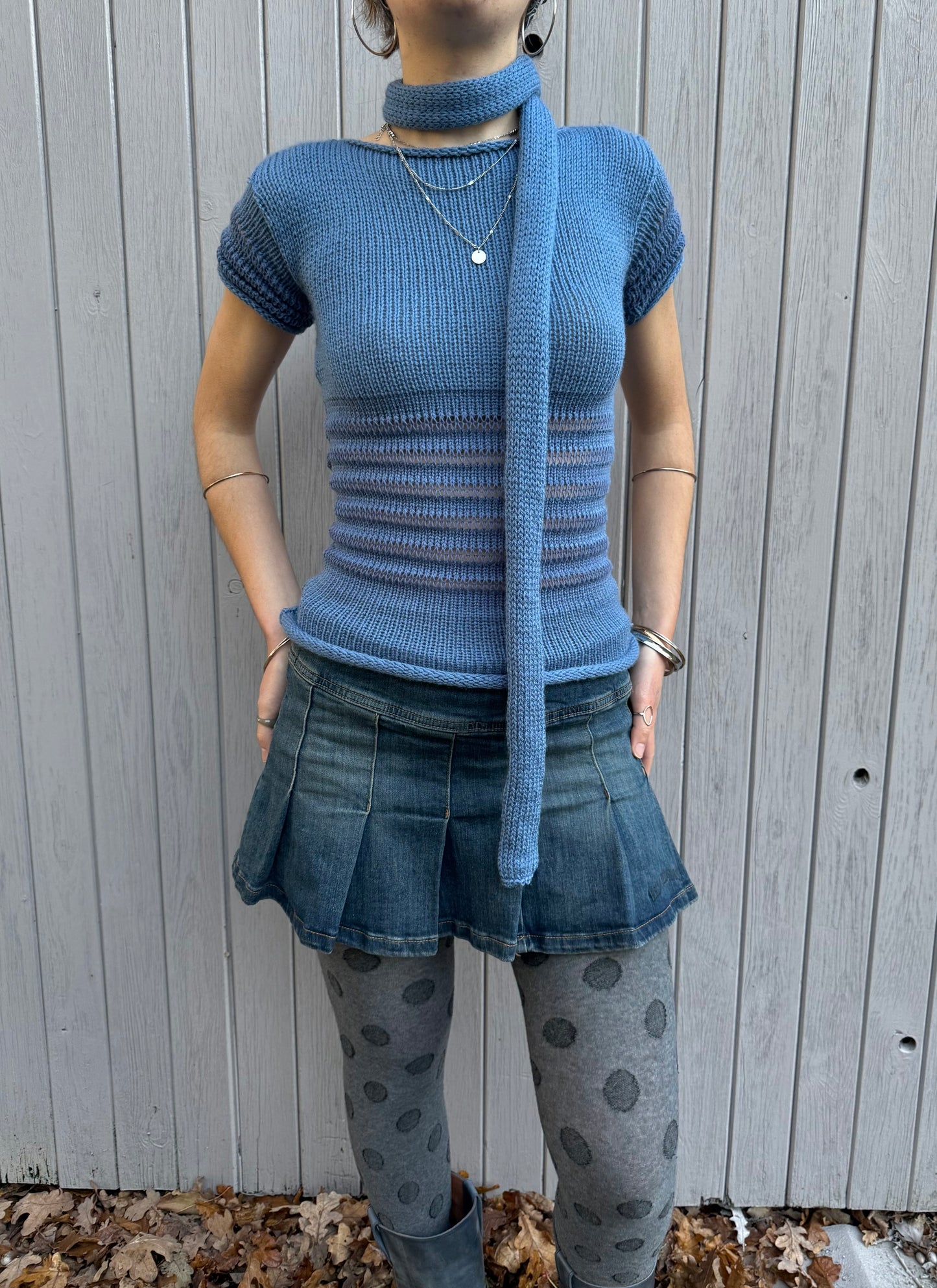 The Ripple Tee in denim blue - handmade shirred top with puff sleeves (pre made in size S)