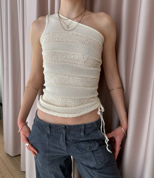 Handmade sequin draped one shoulder knit top in cream - cotton