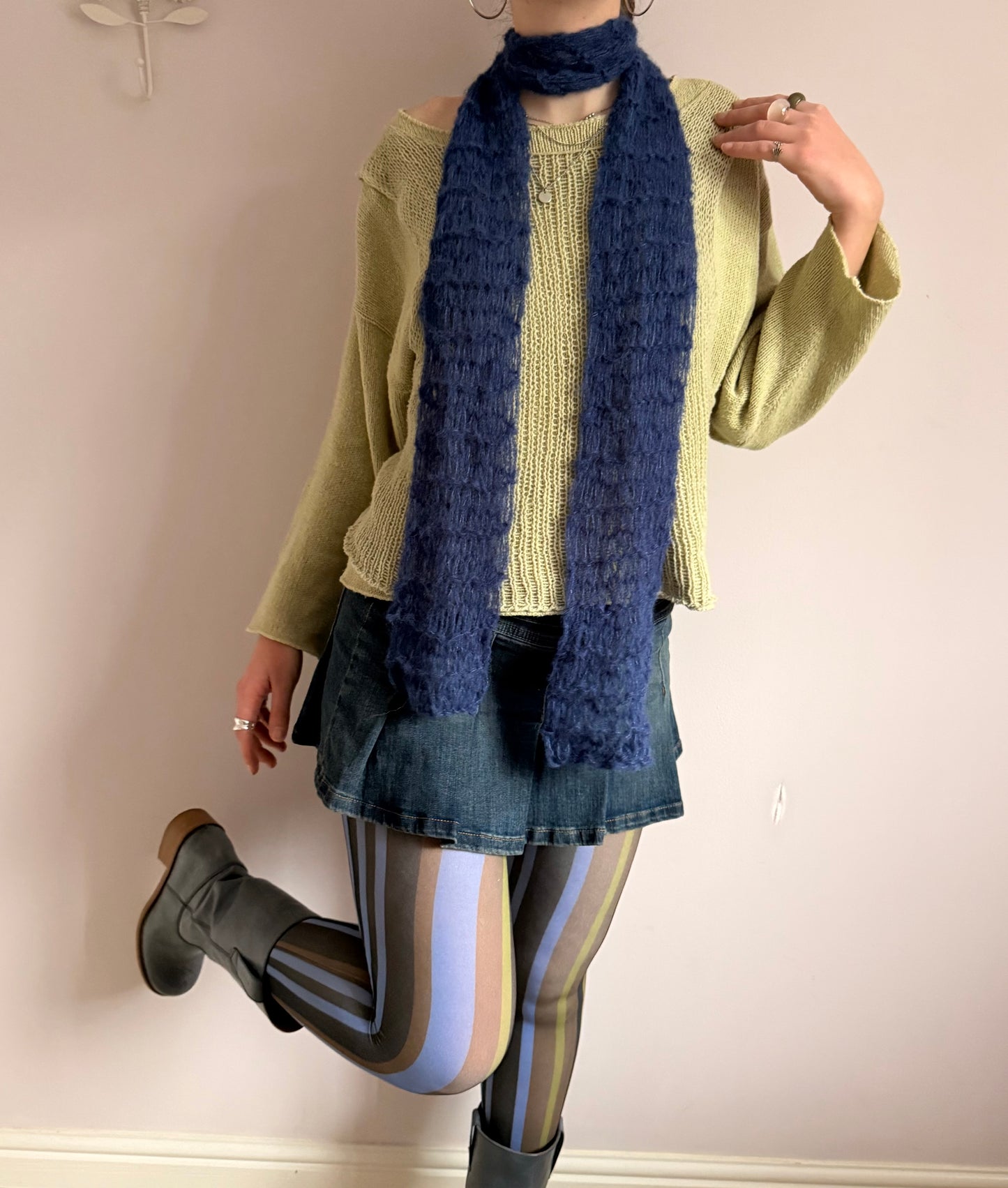 Handmade mohair fishnet knitted scarf in navy blue