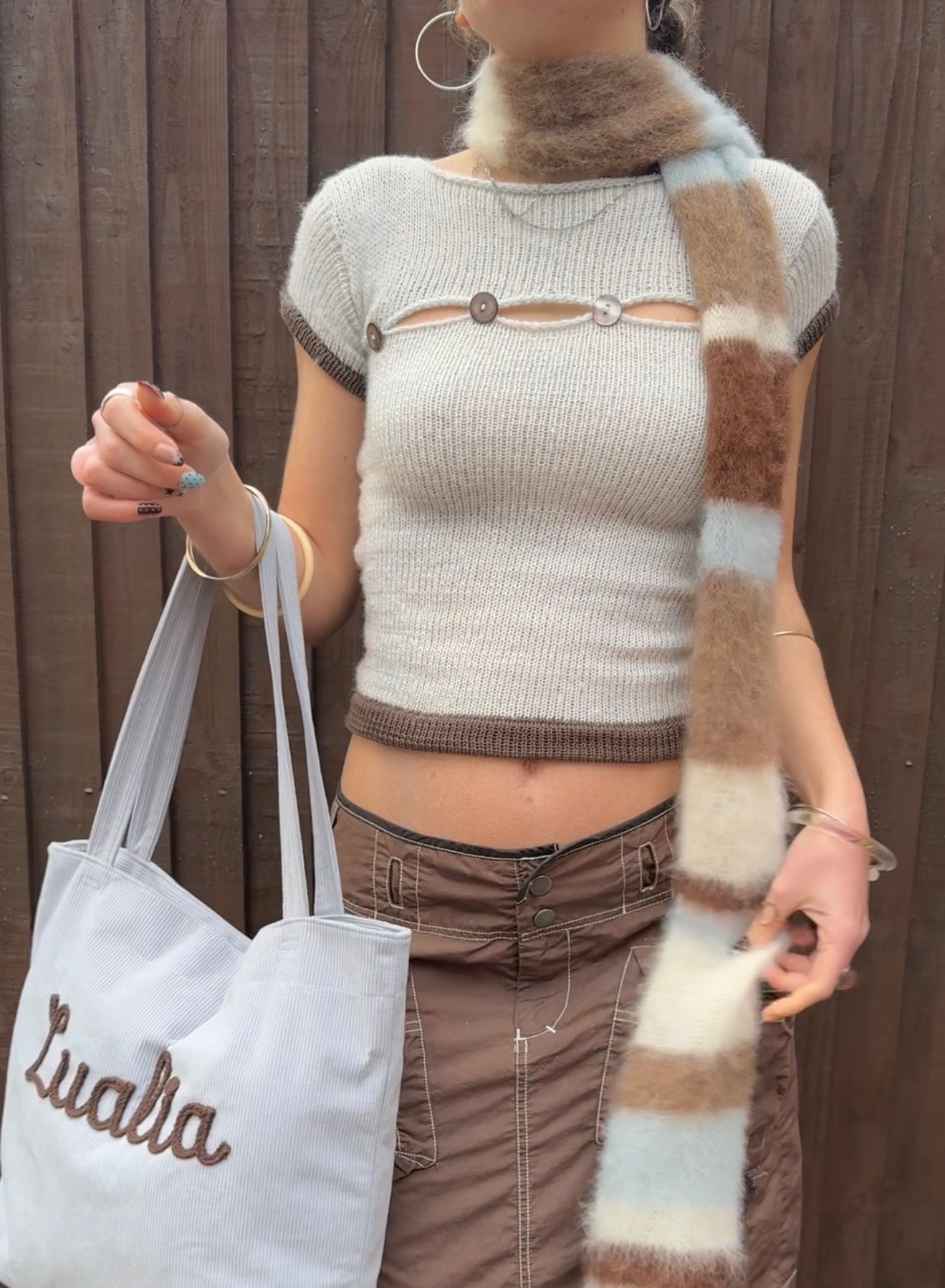 Handmade fluffy baby blue, cream and brown striped scarf (made to order)