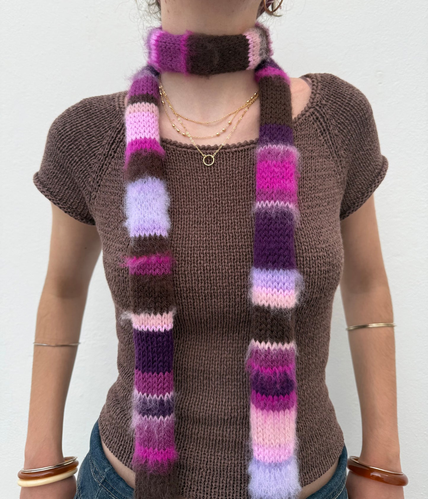 Purple, pink and brown handmade knitted mohair striped skinny scarf - pre made