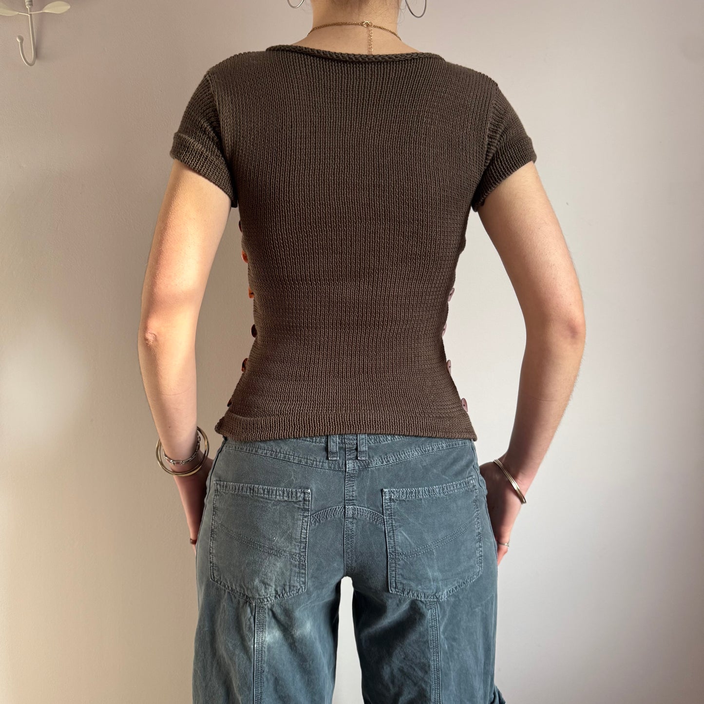 Pearl Tee in mocha - handmade striped knit tee with pink mother of pearl buttons
