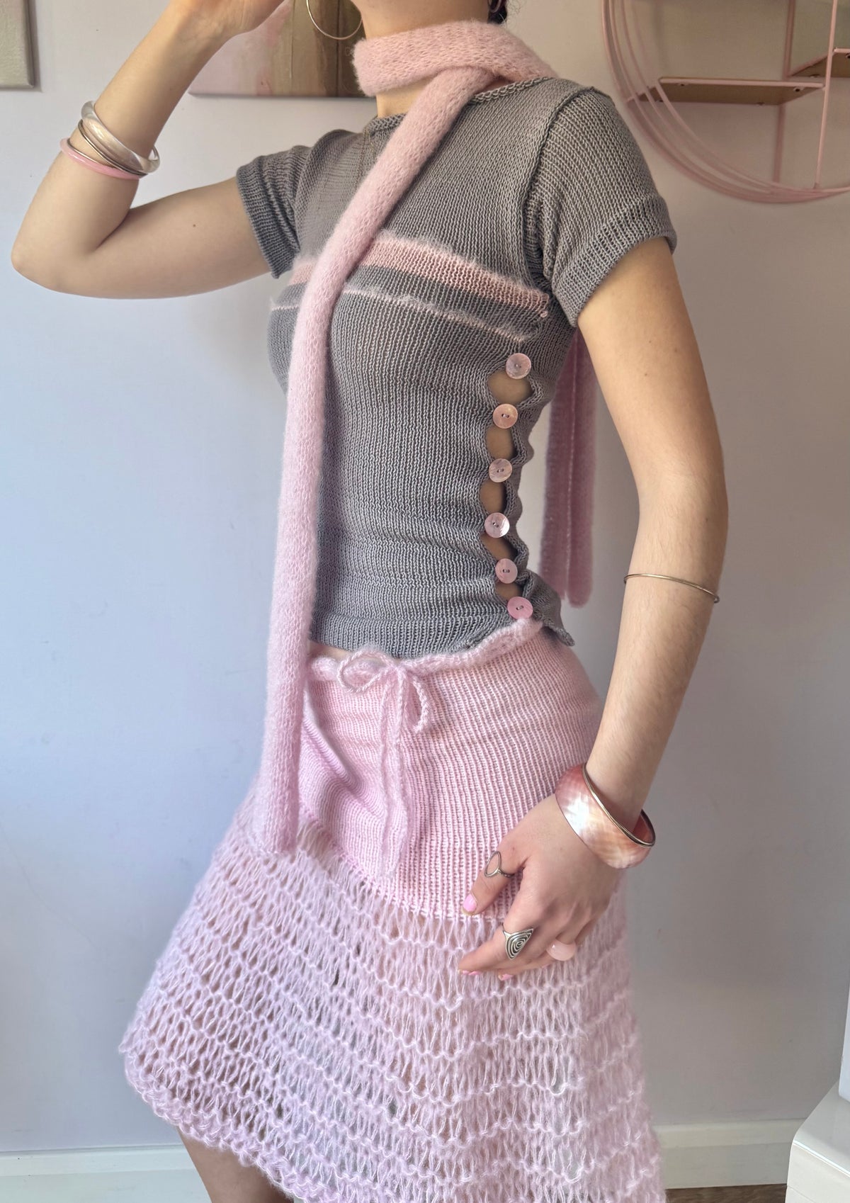 Pearl Tee in Grey & Pink (pre made in S)