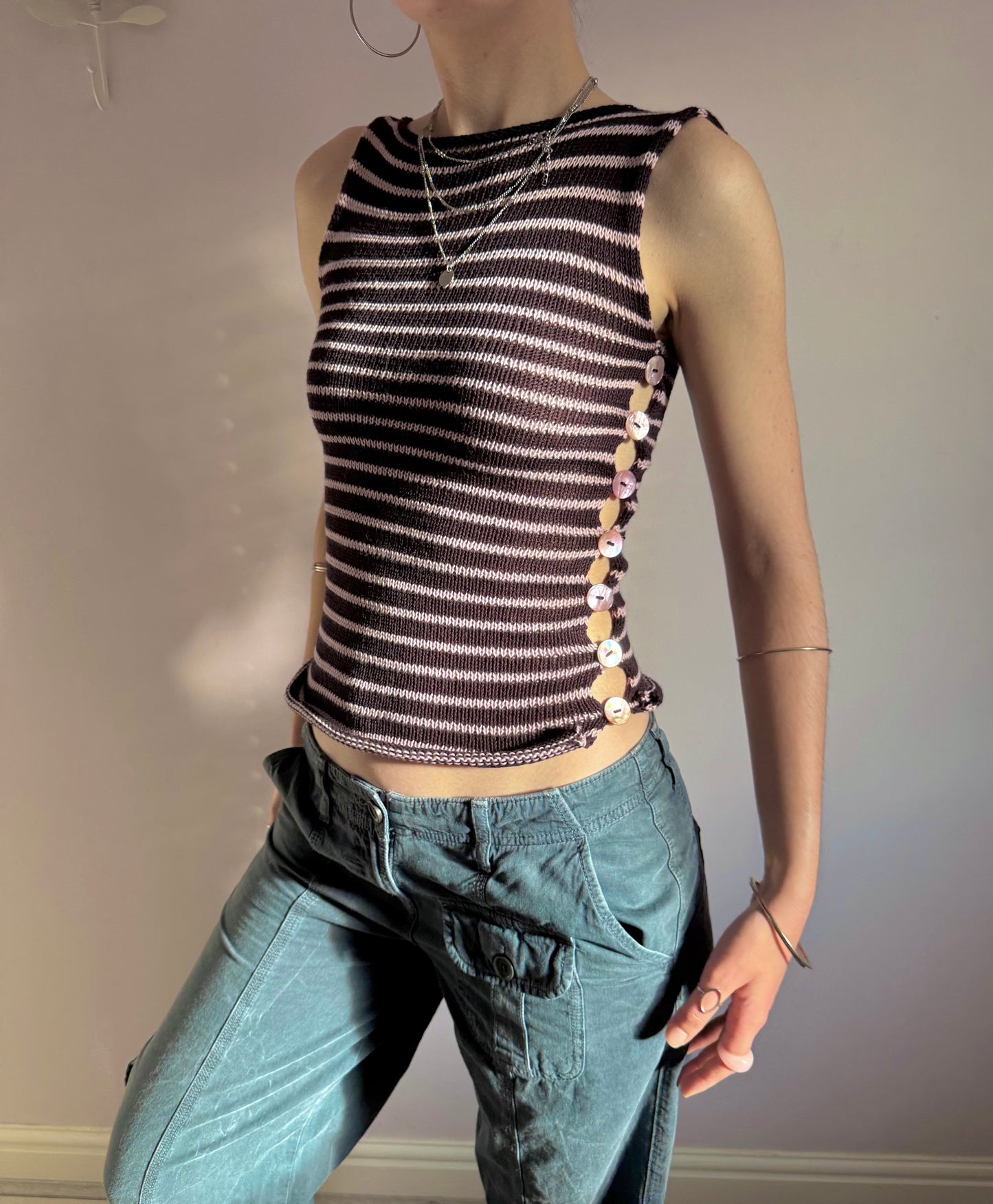 Handmade knitted Pearl Vest - aubergine and dusky pink striped (pre made in size XS).