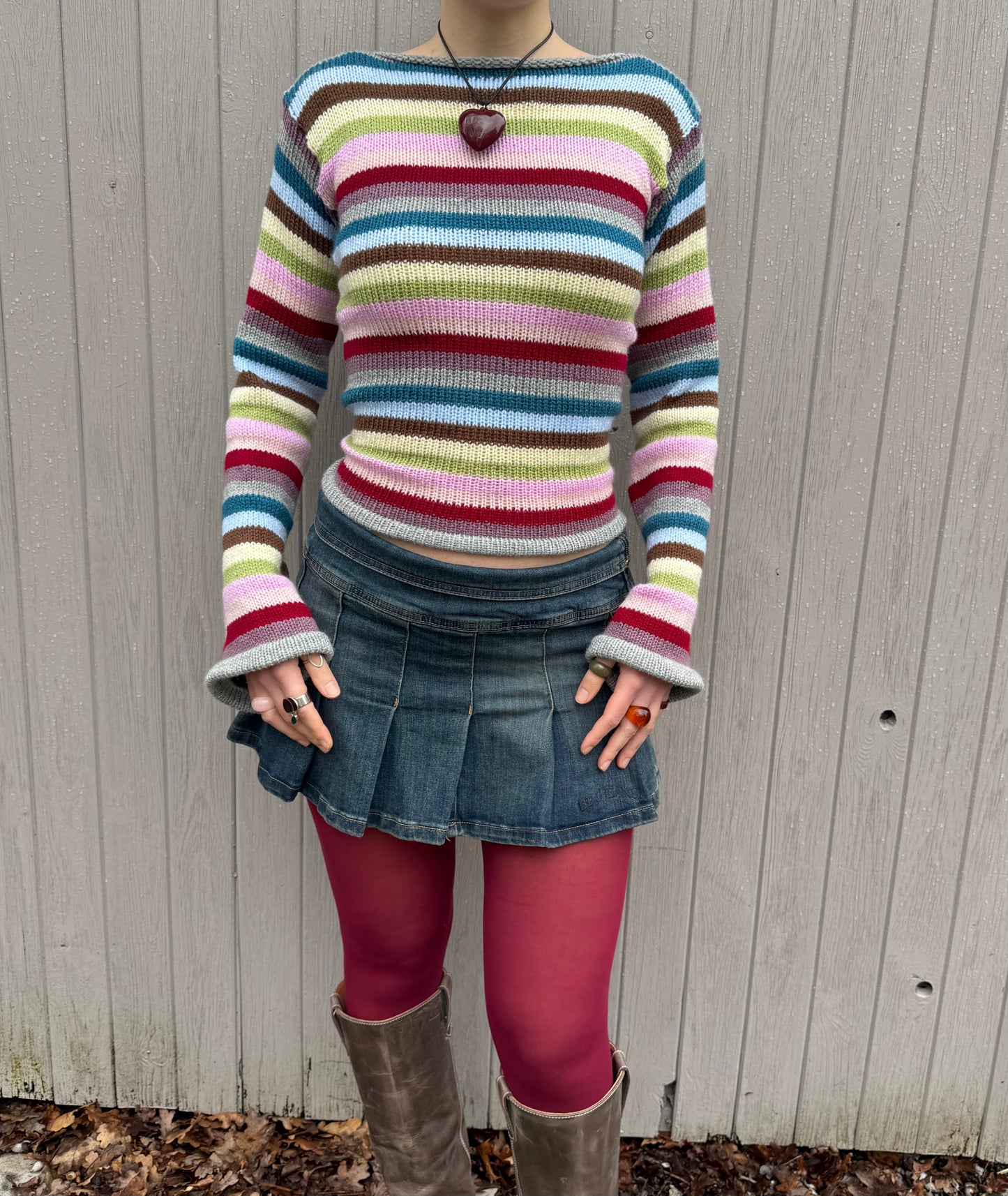 Handmade multicoloured striped knitted jumper with flared sleeves - made to order