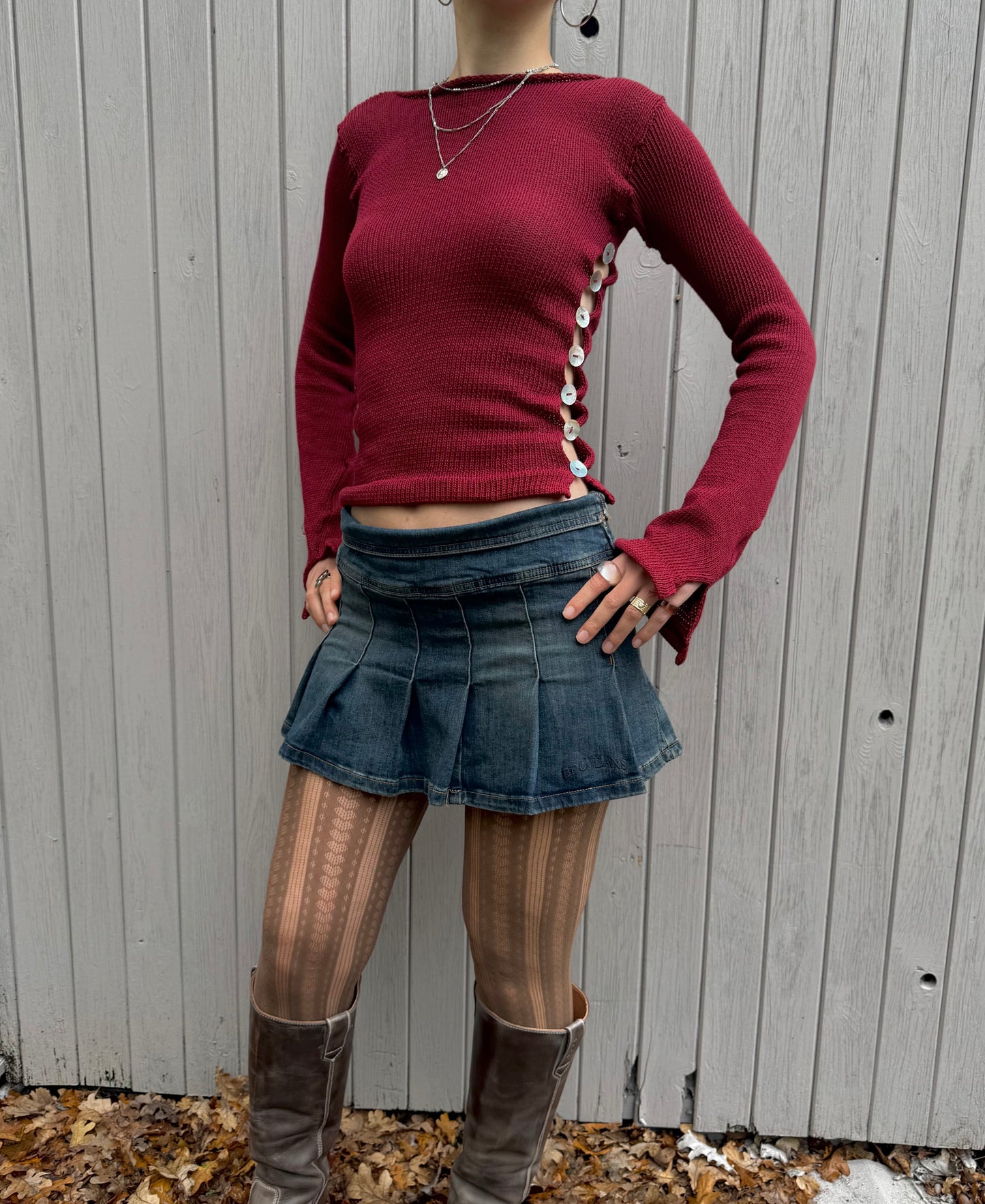 Pearl Long Sleeve in cherry red - handmade knit jumper with mother of pearl buttons