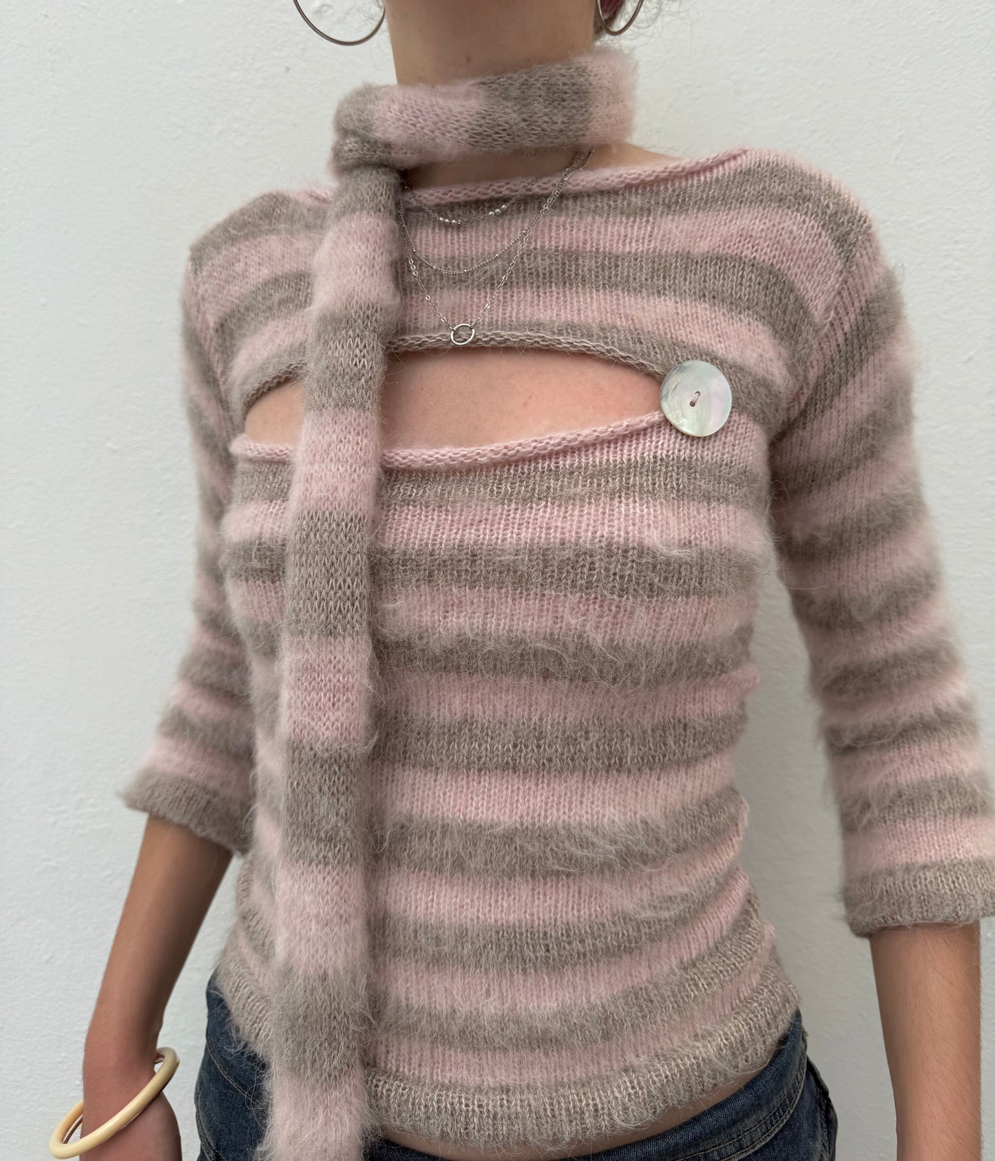Fluffy striped knit skinny scarf in dusky pink & beige