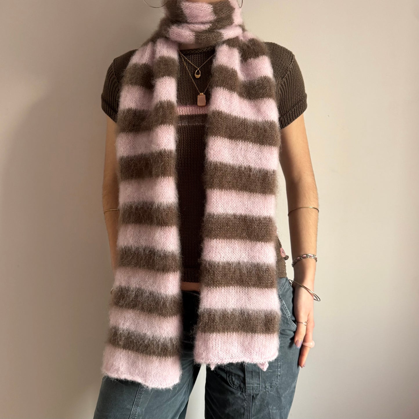 Pink and brown fluffy striped scarf - choose full width or skinny 🌸🤎 pre made