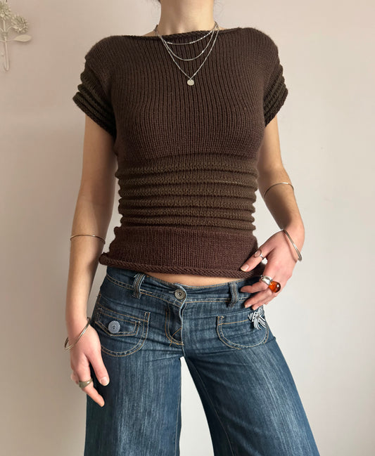 The Ripple Tee in brown - handmade shirred top with puff sleeves (pre made in size M)