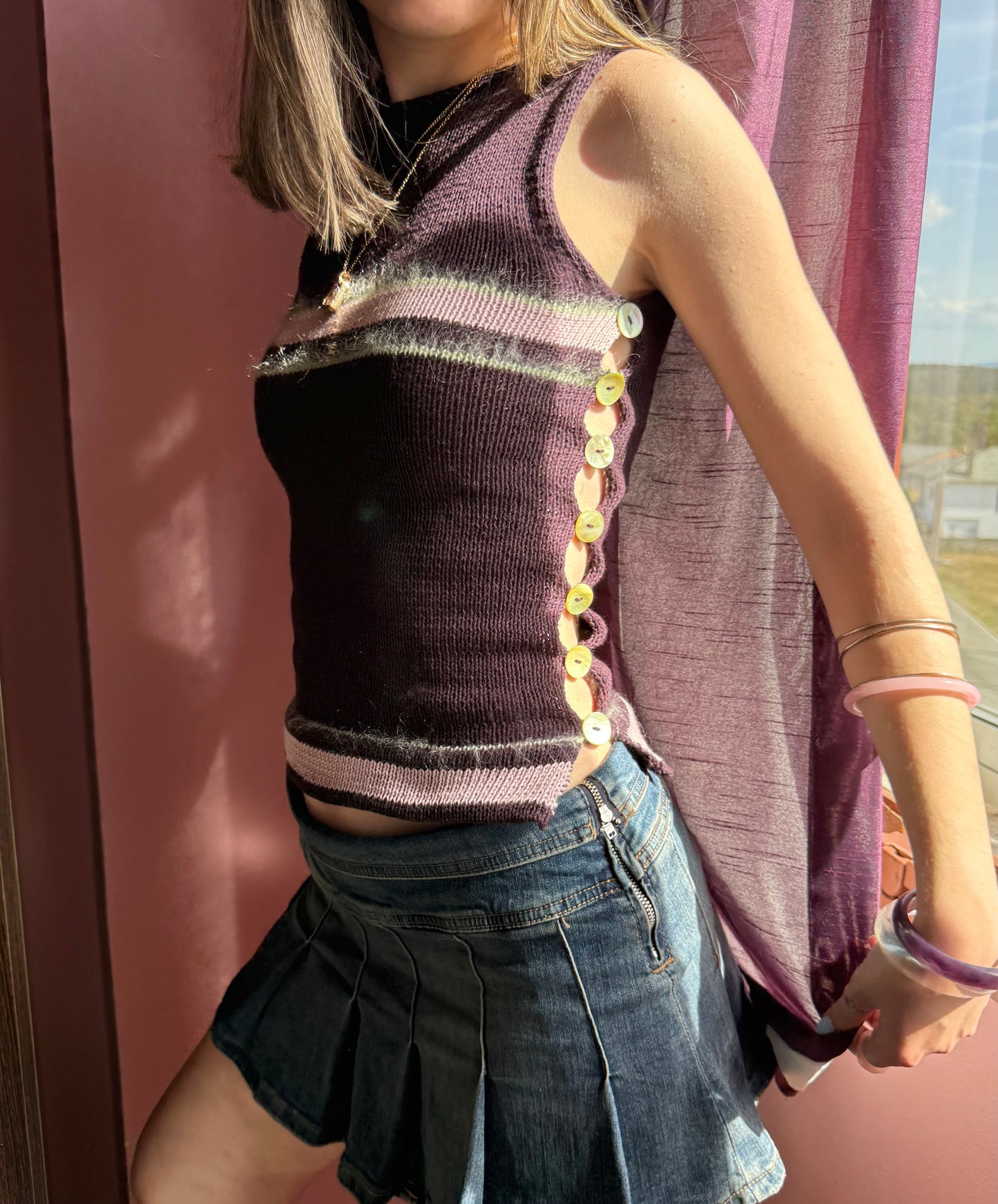 Striped Pearl Vest in plum purple with green mother of pearl buttons (pre made in S)