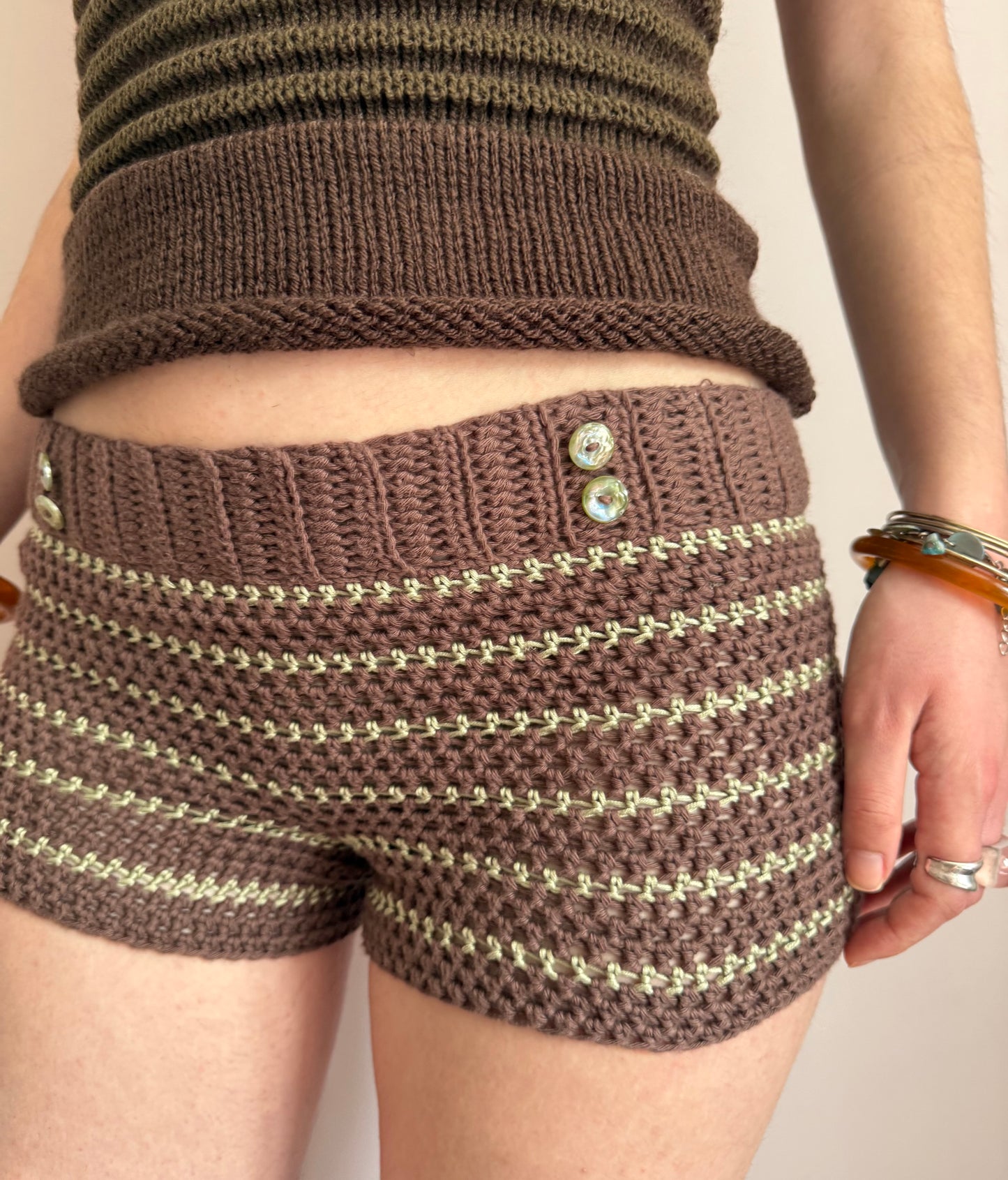 1 of 1 brown & green striped cotton crochet button shorts (pre made in size XS)