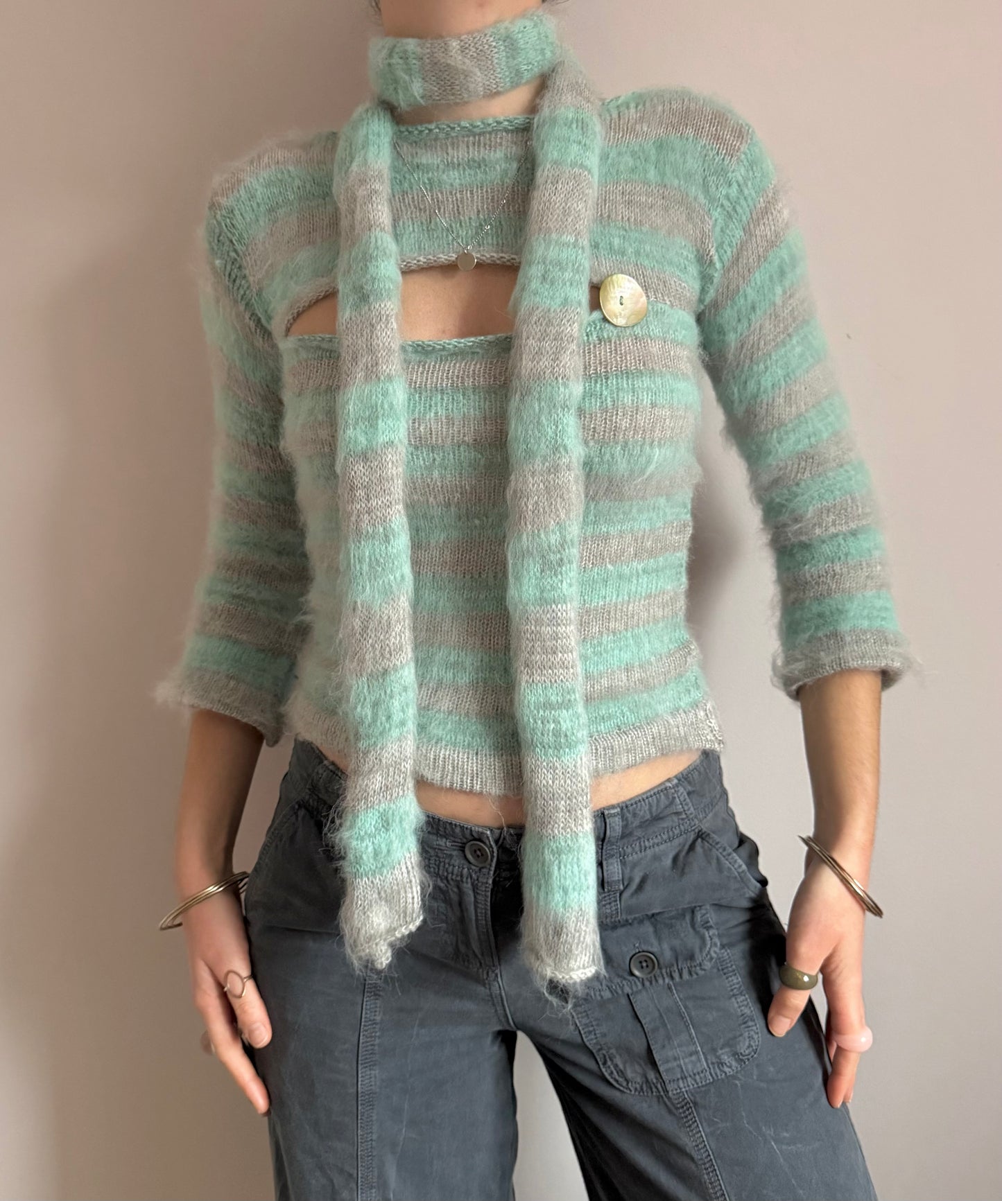 Fluffy striped knit skinny scarf in aqua & grey - pre made