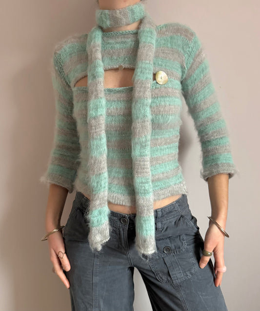 Fluffy striped knit skinny scarf in aqua & grey