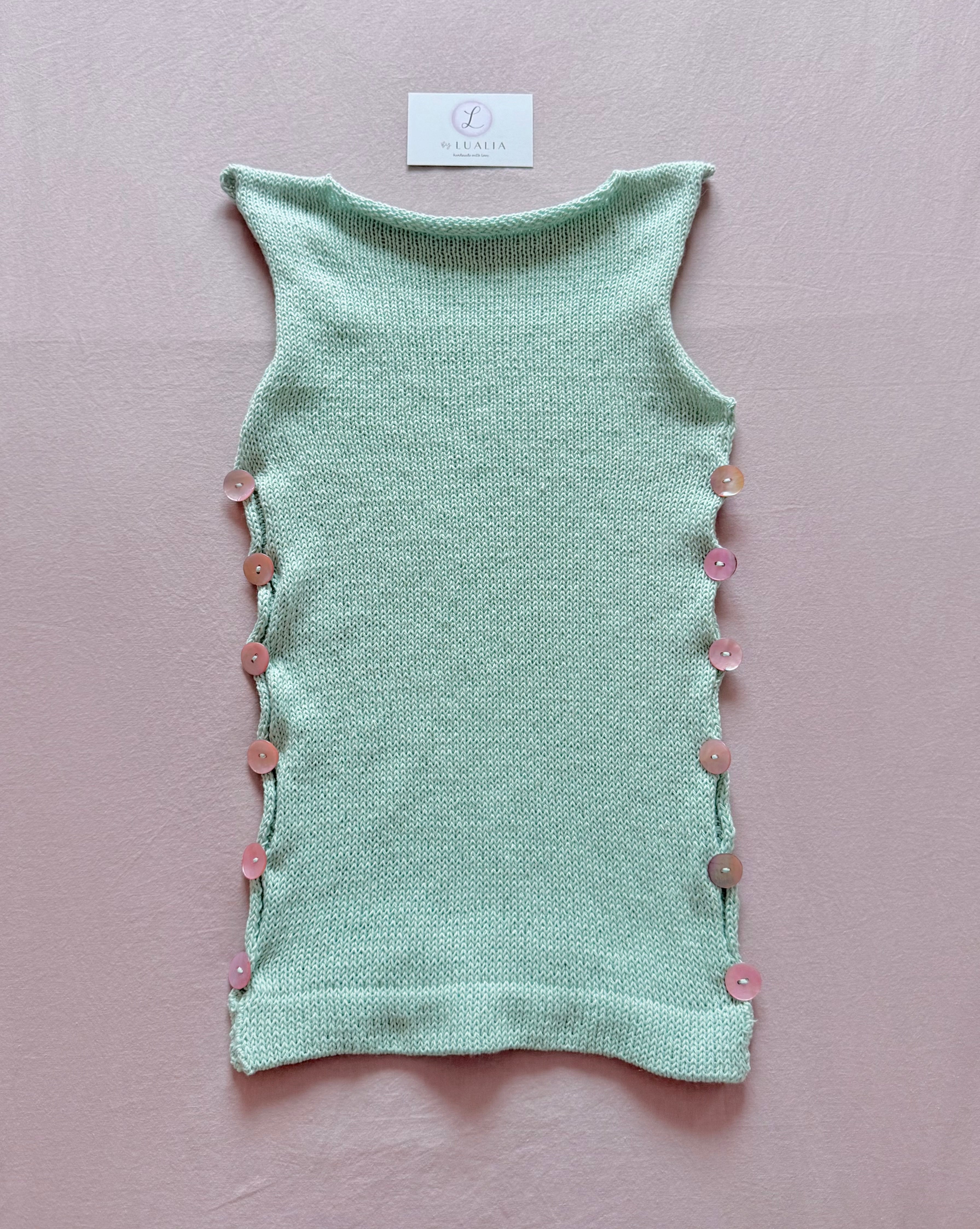 The Pearl Vest in mint - with pink mother of pearl buttons – By Lualia