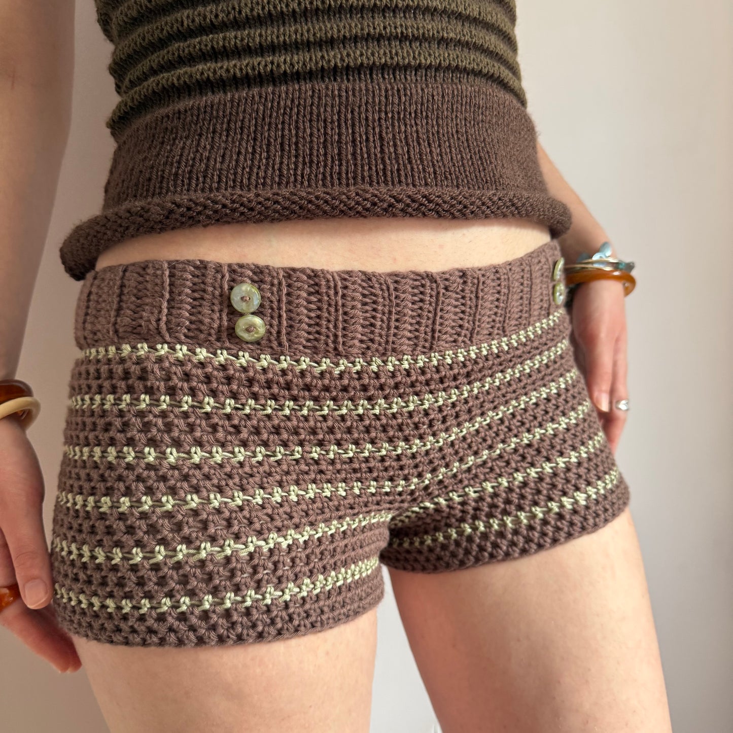 1 of 1 brown & green striped cotton crochet button shorts (pre made in size XS)