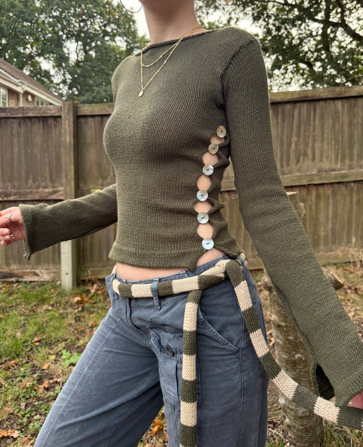 Pearl Long Sleeve in khaki green - handmade knit jumper with mother of pearl buttons (pre made in S)