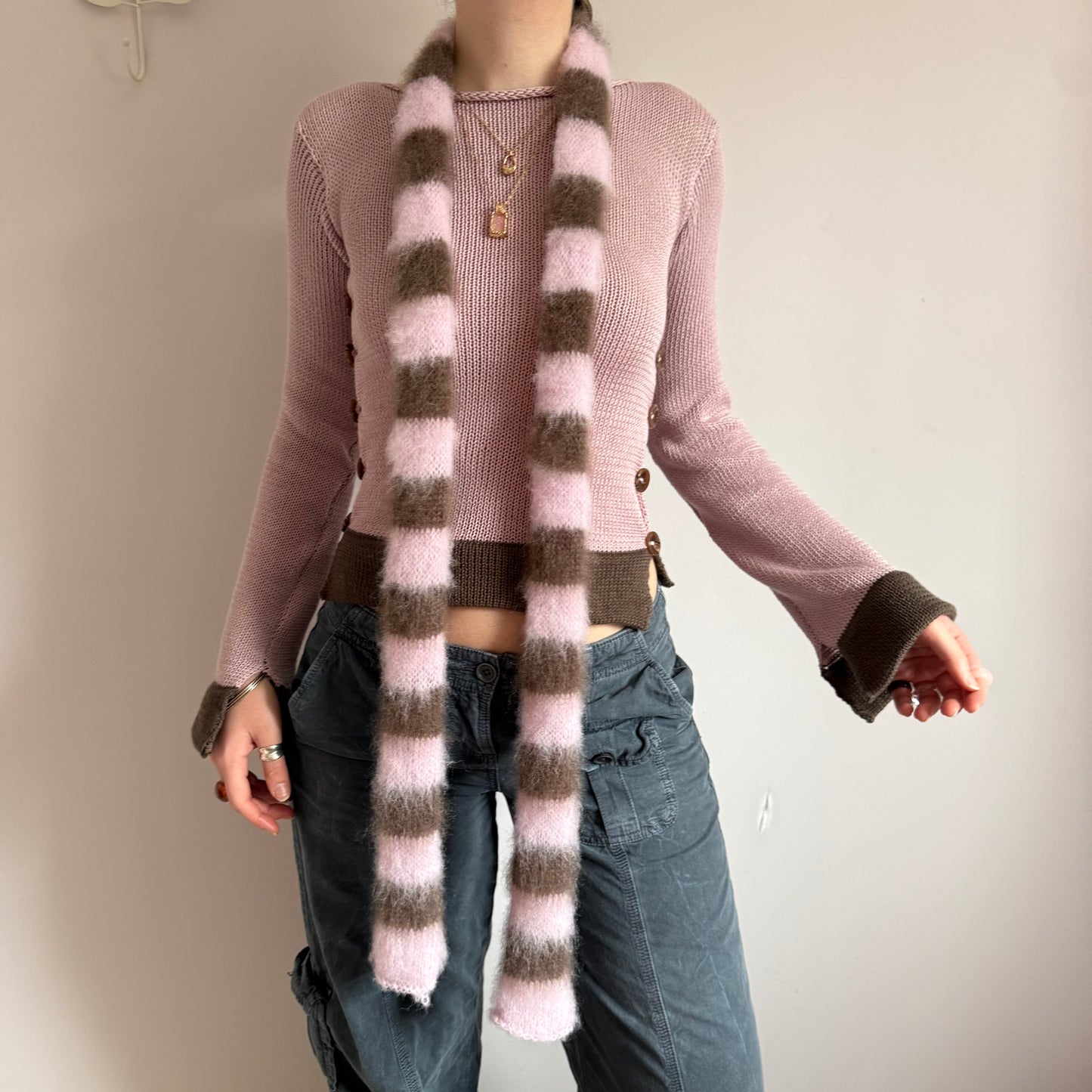 Pink and brown fluffy striped scarf - choose full width or skinny 🌸🤎 pre made