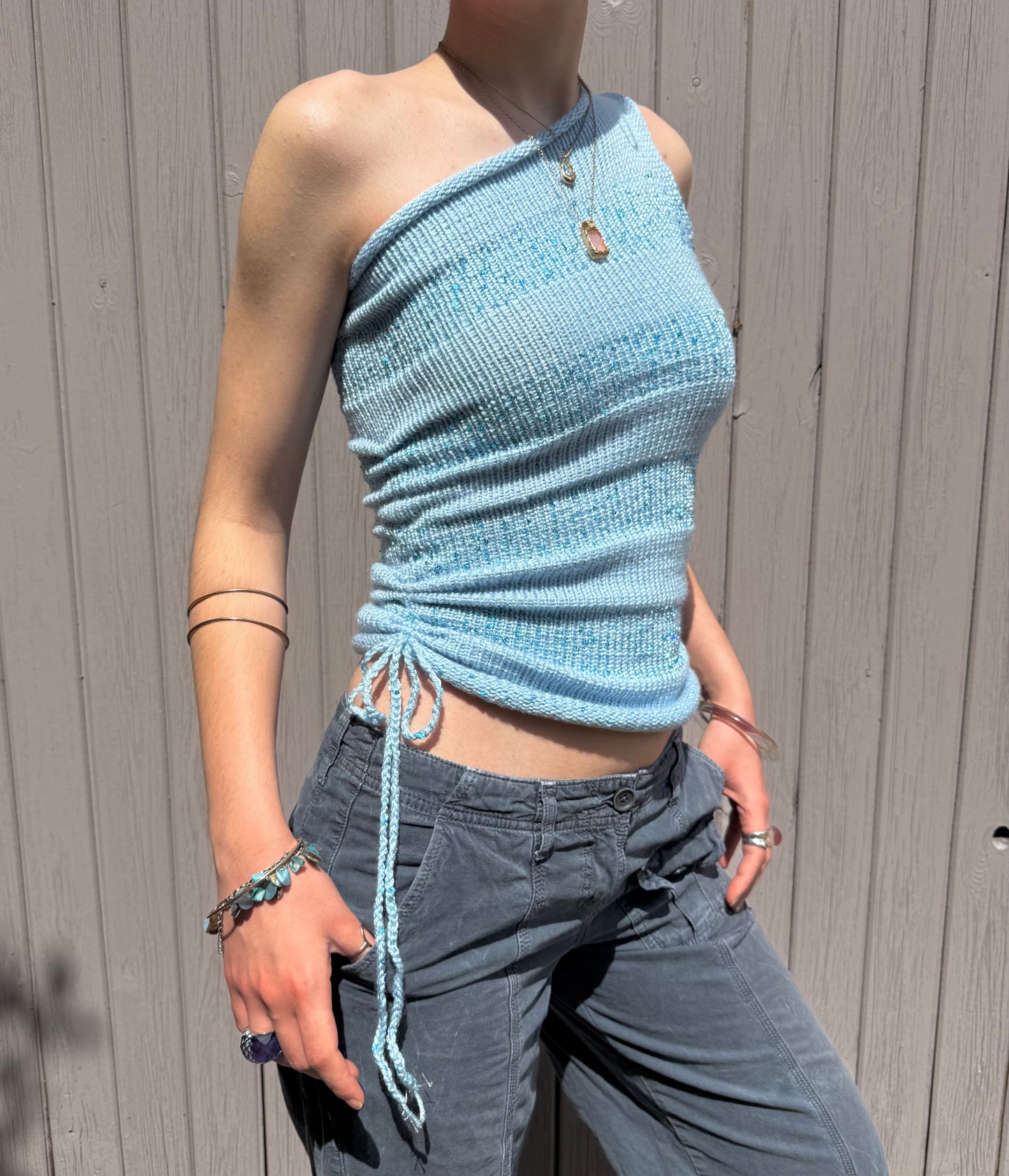 Handmade sparkly draped one shoulder knit top in baby blue (pre made in S)