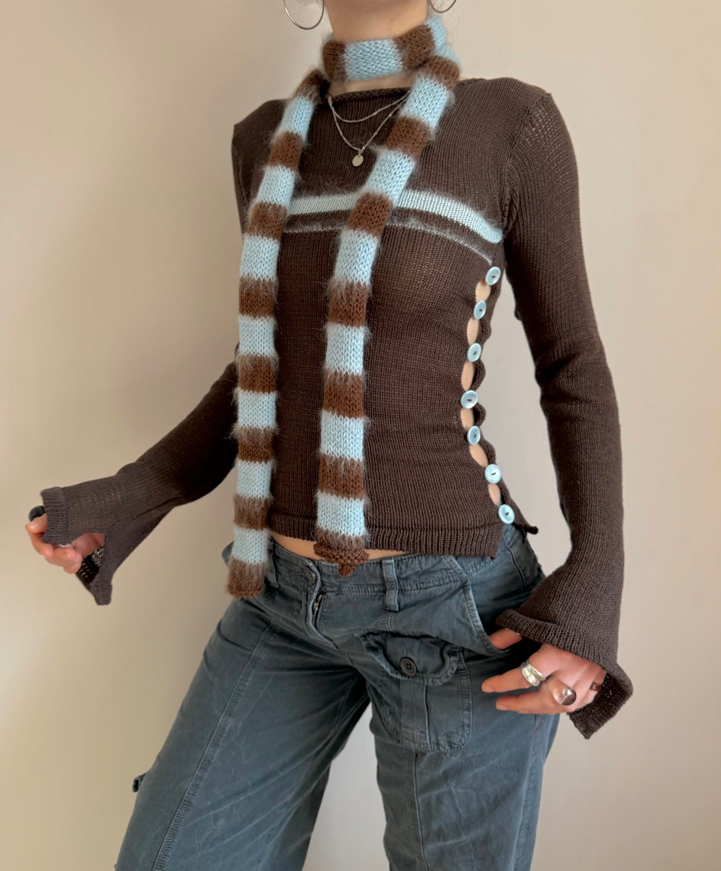 Pearl Long Sleeve in brown and blue - handmade striped knit jumper with buttons