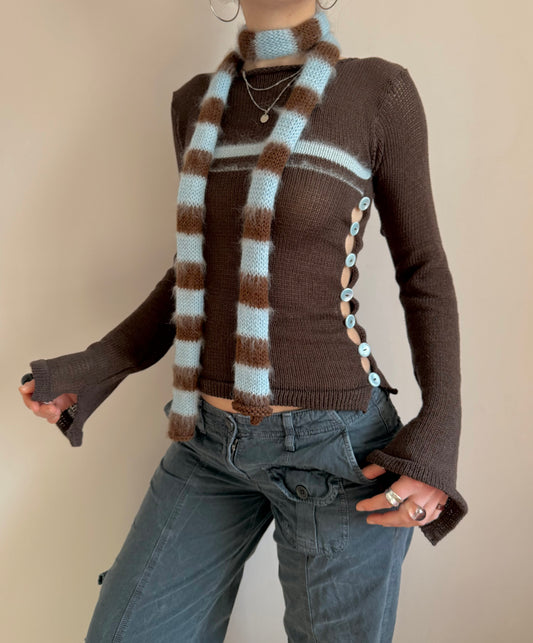 Handmade knitted brown and baby blue mohair striped skinny scarf
