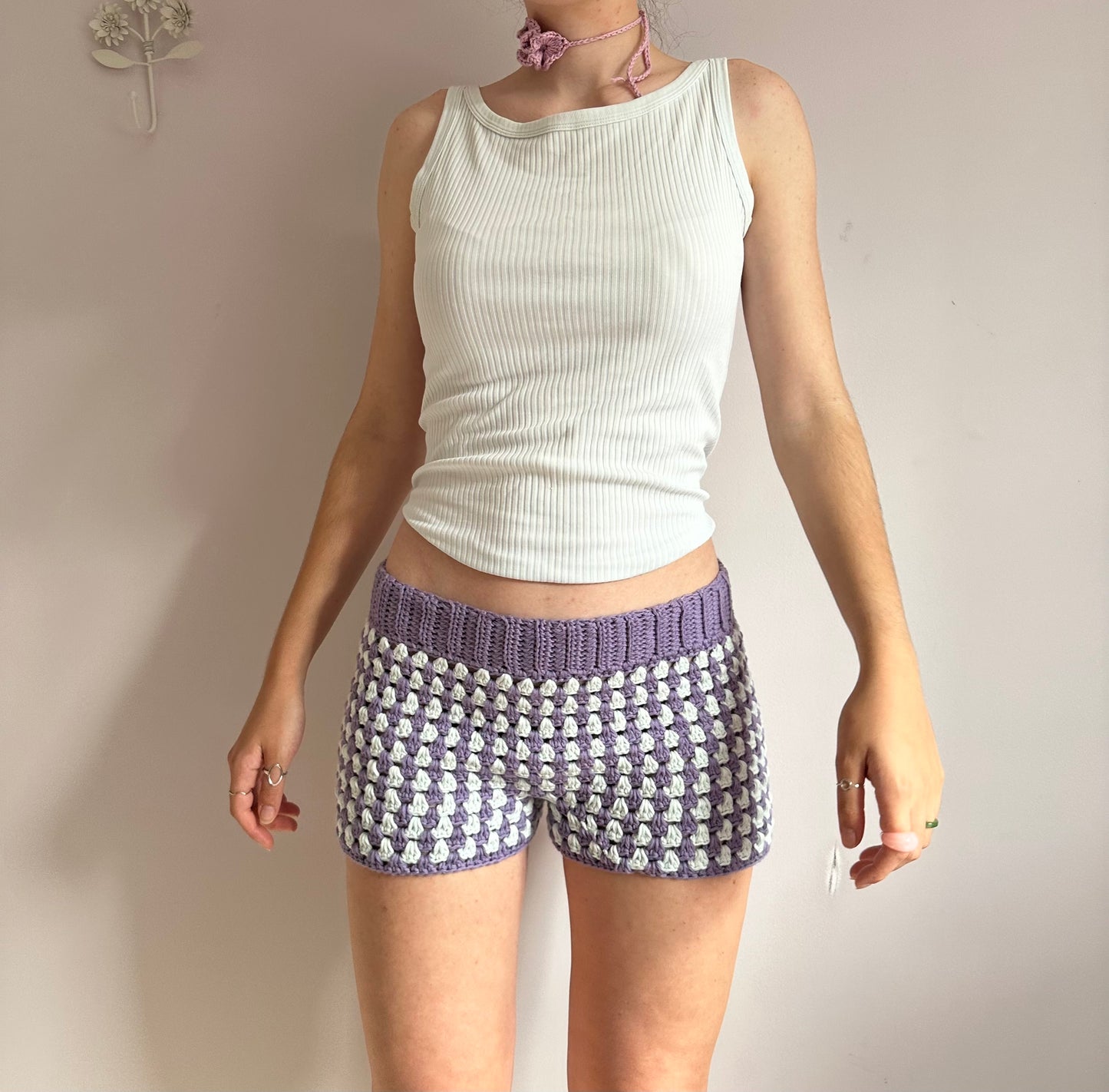 Handmade gingham crochet shorts in purple and duck egg blue (pre made in L)