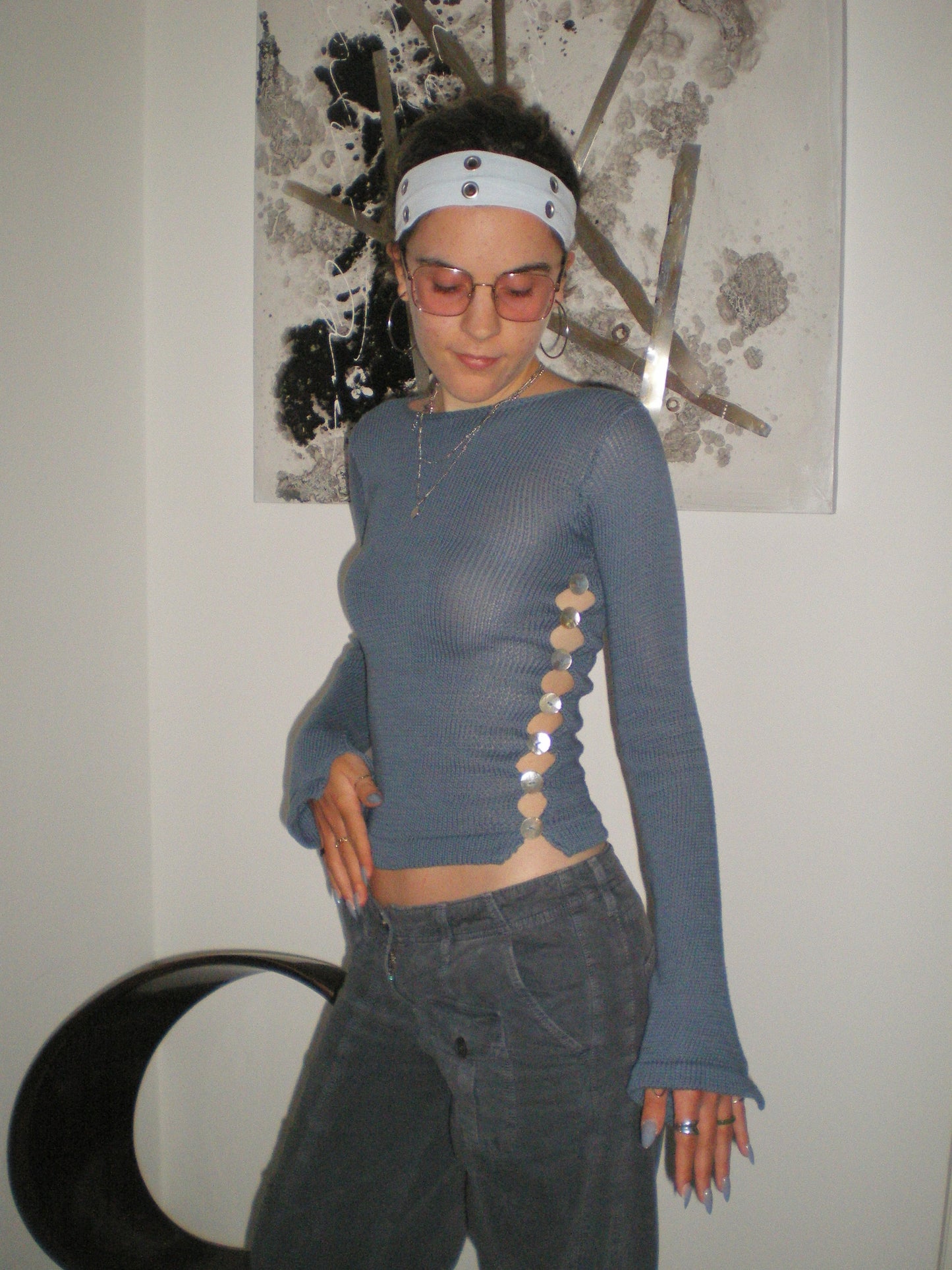 Pearl Long Sleeve in denim blue - handmade knit jumper with mother of pearl buttons