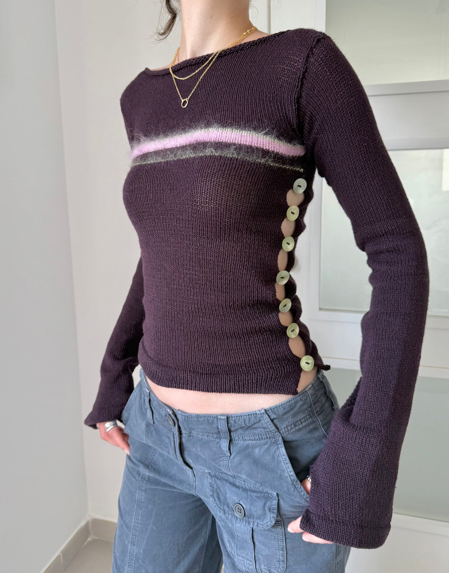Pearl Long Sleeve in plum purple - handmade striped knit jumper with green mother of pearl buttons