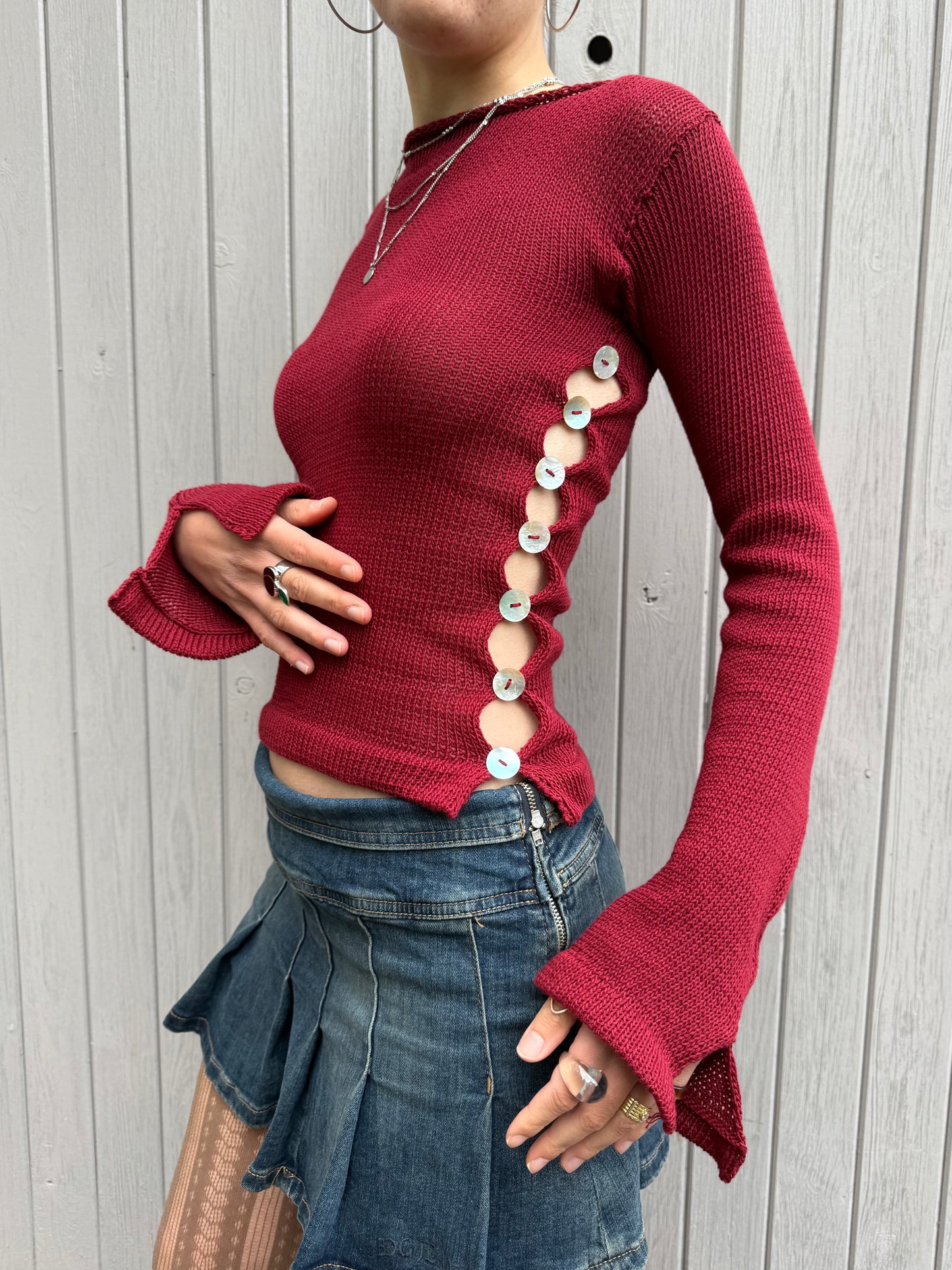 Pearl Long Sleeve in cherry red - handmade knit jumper with mother of pearl buttons
