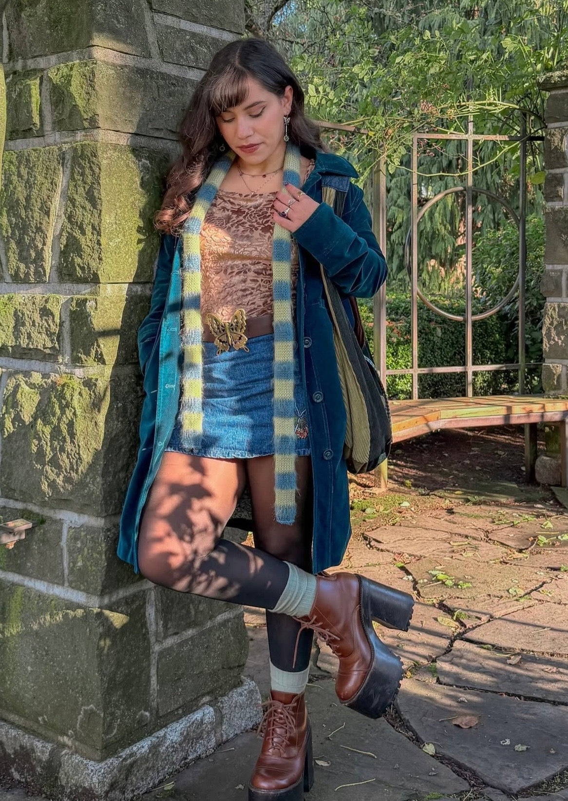 Handmade blue and green mohair striped skinny scarf