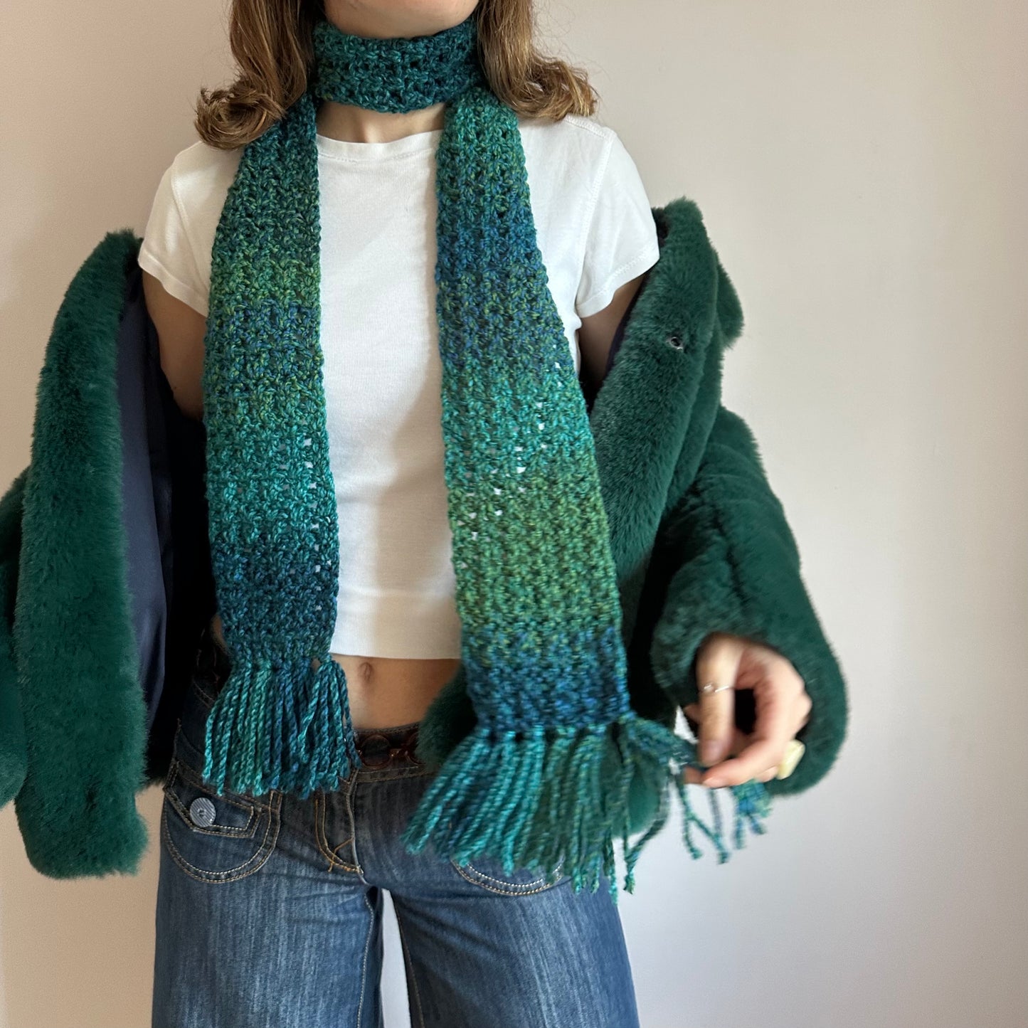 Handmade ombré blue and green tassel crochet scarf