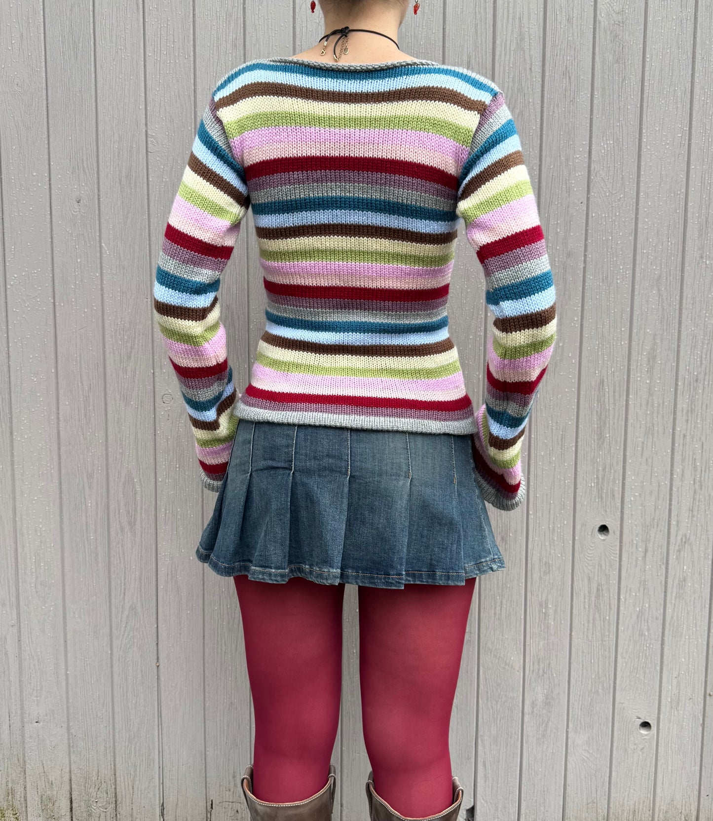 Handmade multicoloured striped knitted jumper with flared sleeves - made to order