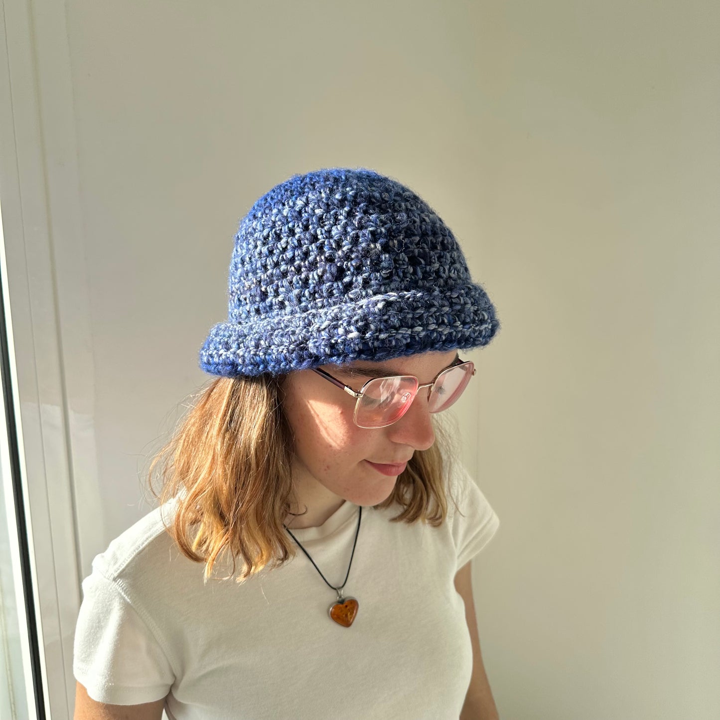 Handmade blue chunky crochet bowler hat