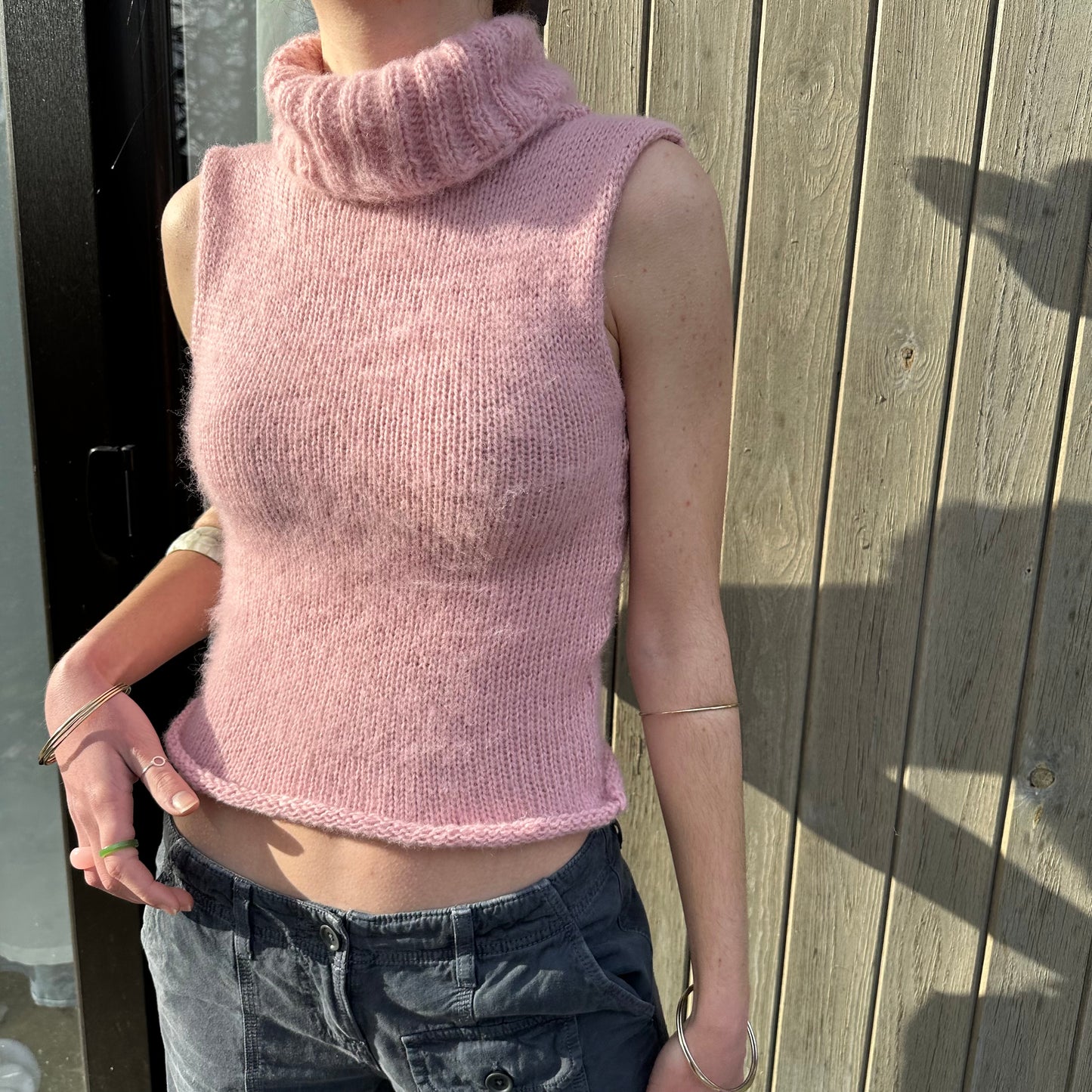 Handmade fluffy baby pink turtleneck knit vest