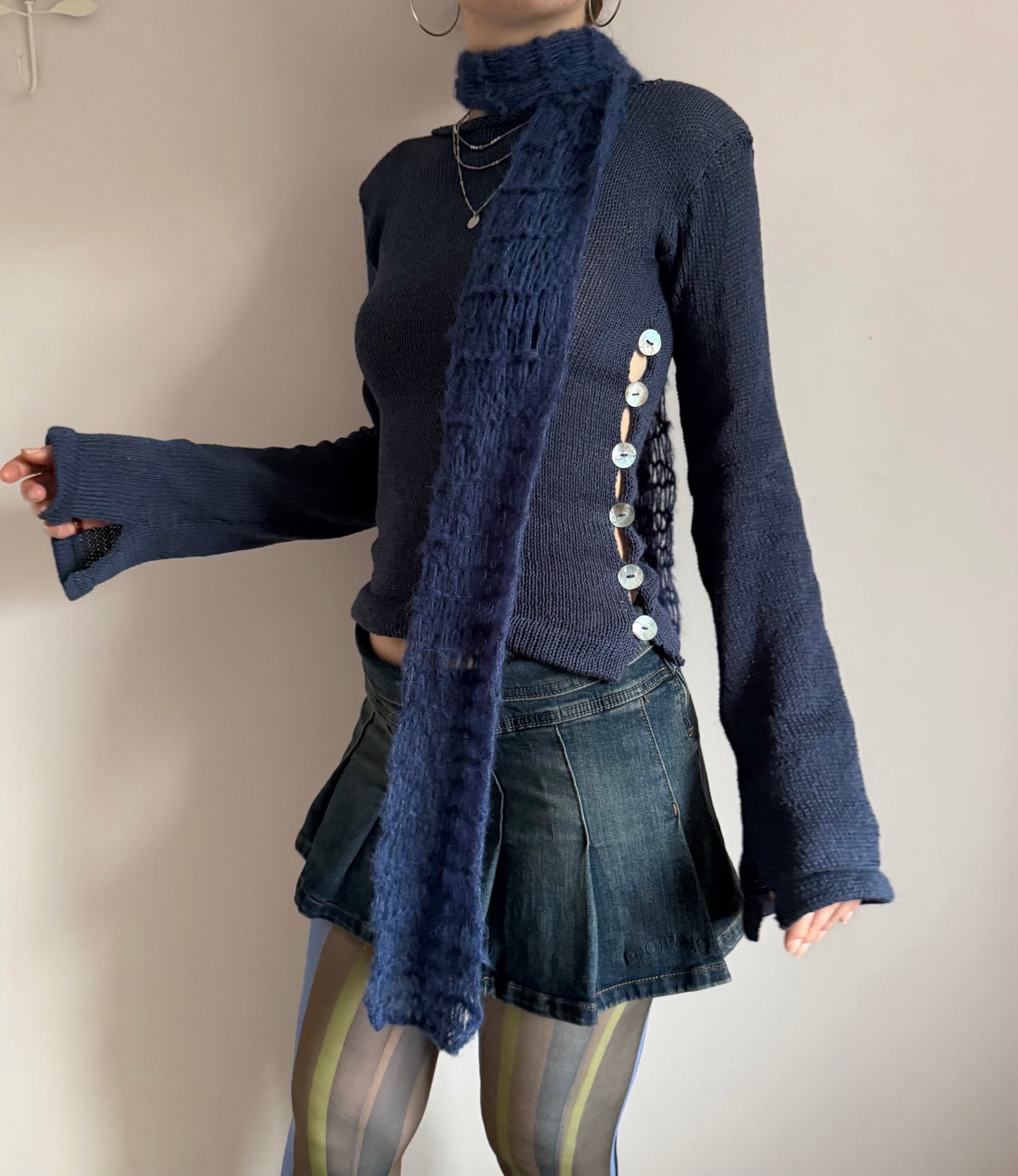 Handmade mohair fishnet knitted scarf in navy blue