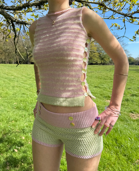 The Blossom Button Shorts 🌸 colour block shorts with mother of pearl buttons