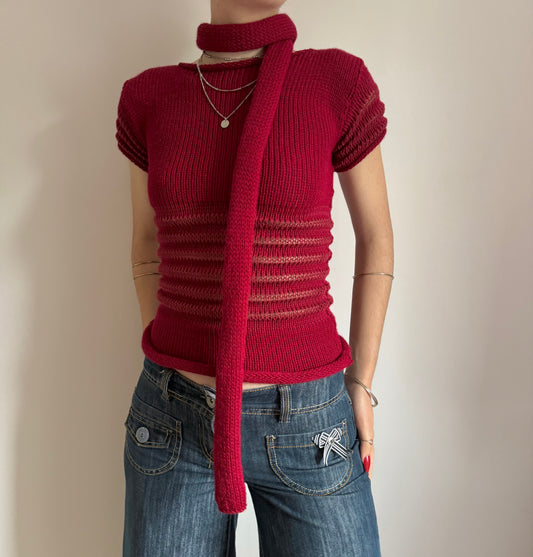 The Ripple Tee in cherry red - handmade shirred top with puff sleeves